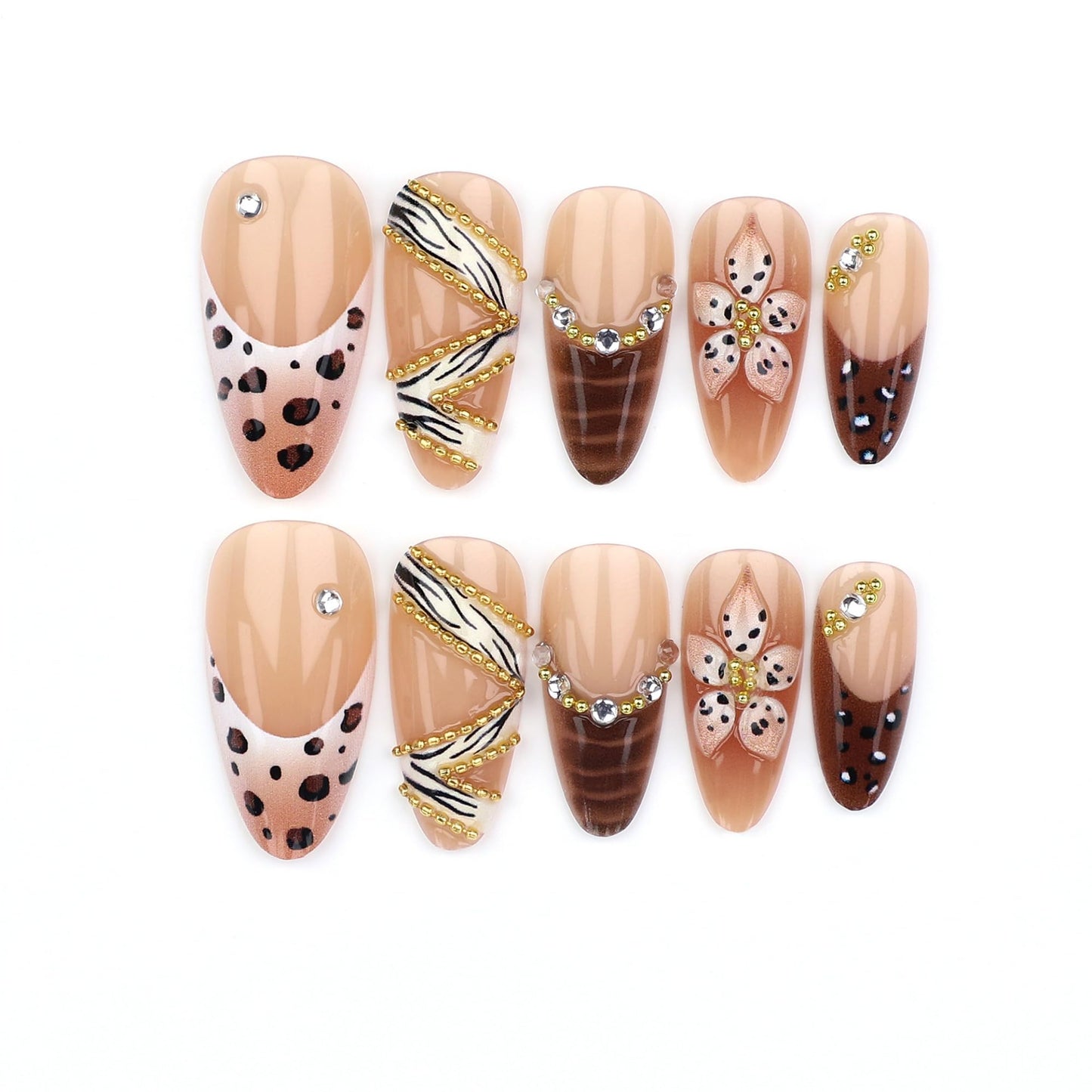 SEENEEY Long Almond Press on Nails Brown Fake Nails French Artificial Nail 3D Floral and Gold Charm Designs Cute Stick on Nail for Women 24pcs