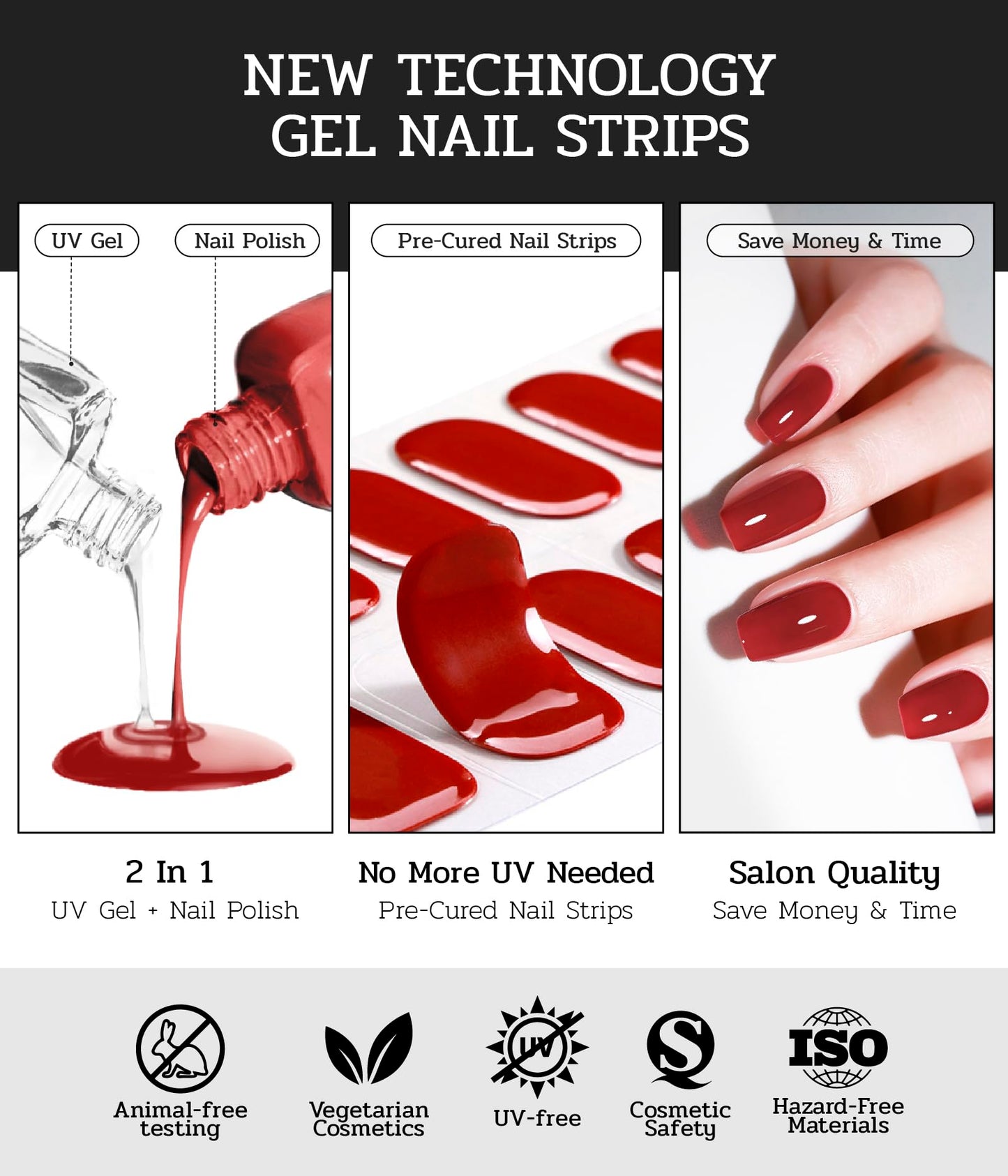 ruyeefam Nail Polish Strips (No UV Lamp Needed) - 22 Pcs Salon Quality Gel Nail Stickers - Long Lasting Wraps (Berry Gold Glitter)