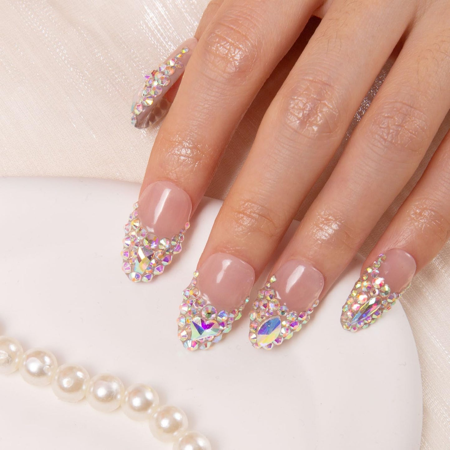 LOVFUL Press on Nails Angel's Tear Rhinestone | Handmade with Full Covered Crystals | Reusable Fake Nails | Almond Regular 1.0 in | H48-S
