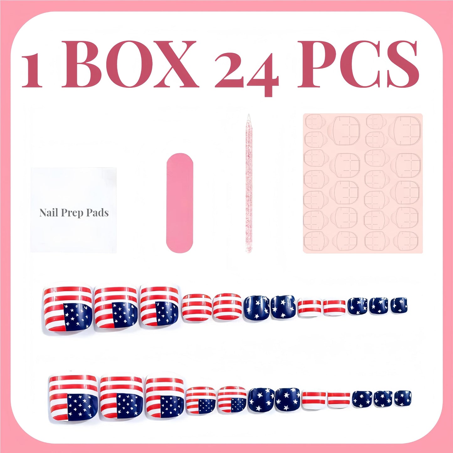24Pcs Independence Day Press on Toenails Short Square Fake Toe Nails Fourth of July Stripes Stars False Toenails American Flag Designs Patriotic Flag Acrylic Toe Nails for Women Nail Art Decorations