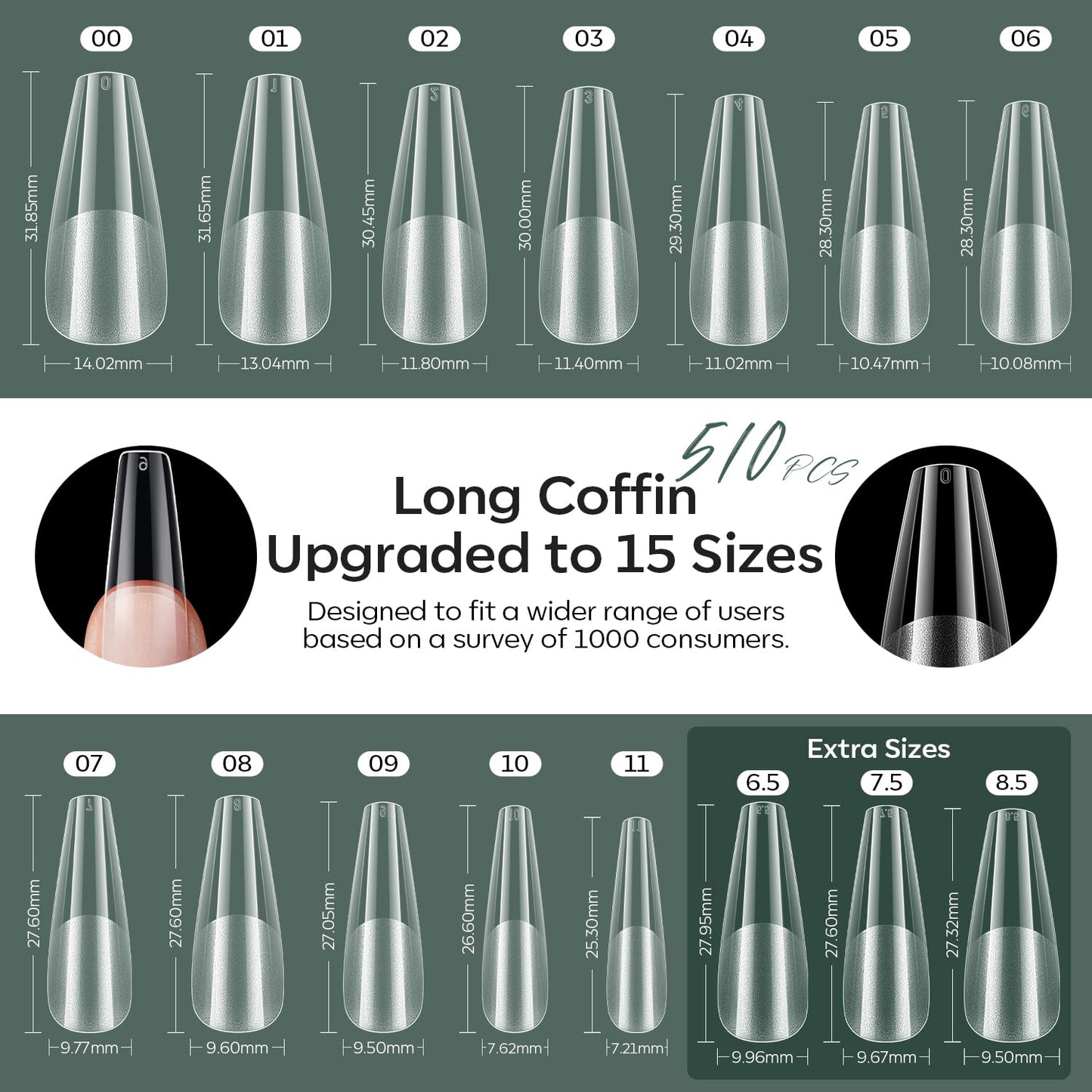 modelones X Nail Gel Kit, Fake Nails Long Coffin, 9-in-One Glue Prep Dehydrator & Portable Mini U V Light Acrylic Clipper, 500Pcs Coffin Tips for Extension Kit DIY Salon Home Gifts for Women