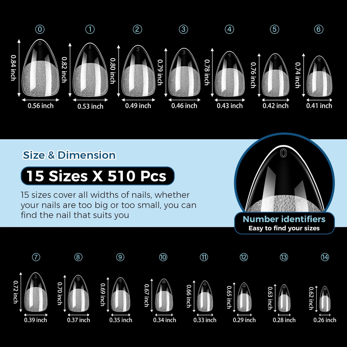 TOMICCA Short Almond Nail Tips, 510pcs 15 Sizes Pre-Shaped Soft Acrylic Gel Nail Tips Almond Shape Clear Press on Nails Extensions False Nails for Nail Manicure Salon Beginner Home DIY