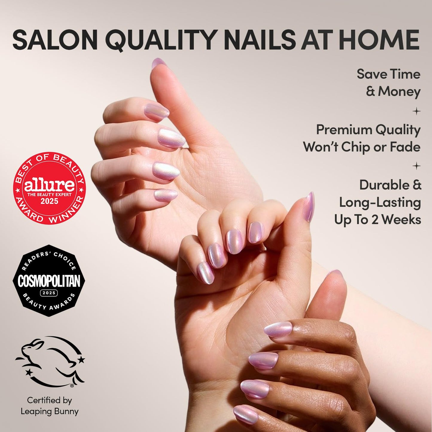 Glamnetic Press On Nails - Oyster Fake Nails | Short Oval Cat Eye Fake Nails with a Velvet Pearlescent Finish, Salon Quality Summer Nails | 15 Sizes - 30 Nail Kit with Glue