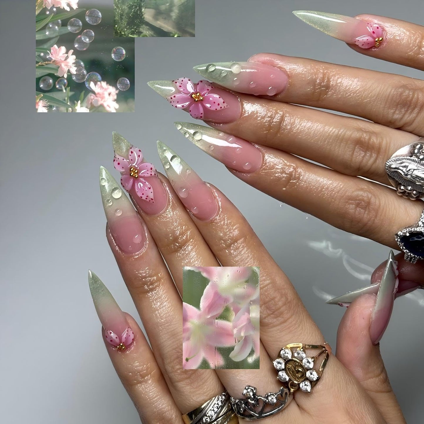 Handmade Press on Nails Long Almond Tip Fake Nails Summer 3D Flowers Design Nails Press Ons with Glossy Cat Eyes Reusable False Nails Luxury Full Cover Stick on Nail for Women Manicure 10Pcs (Size M)