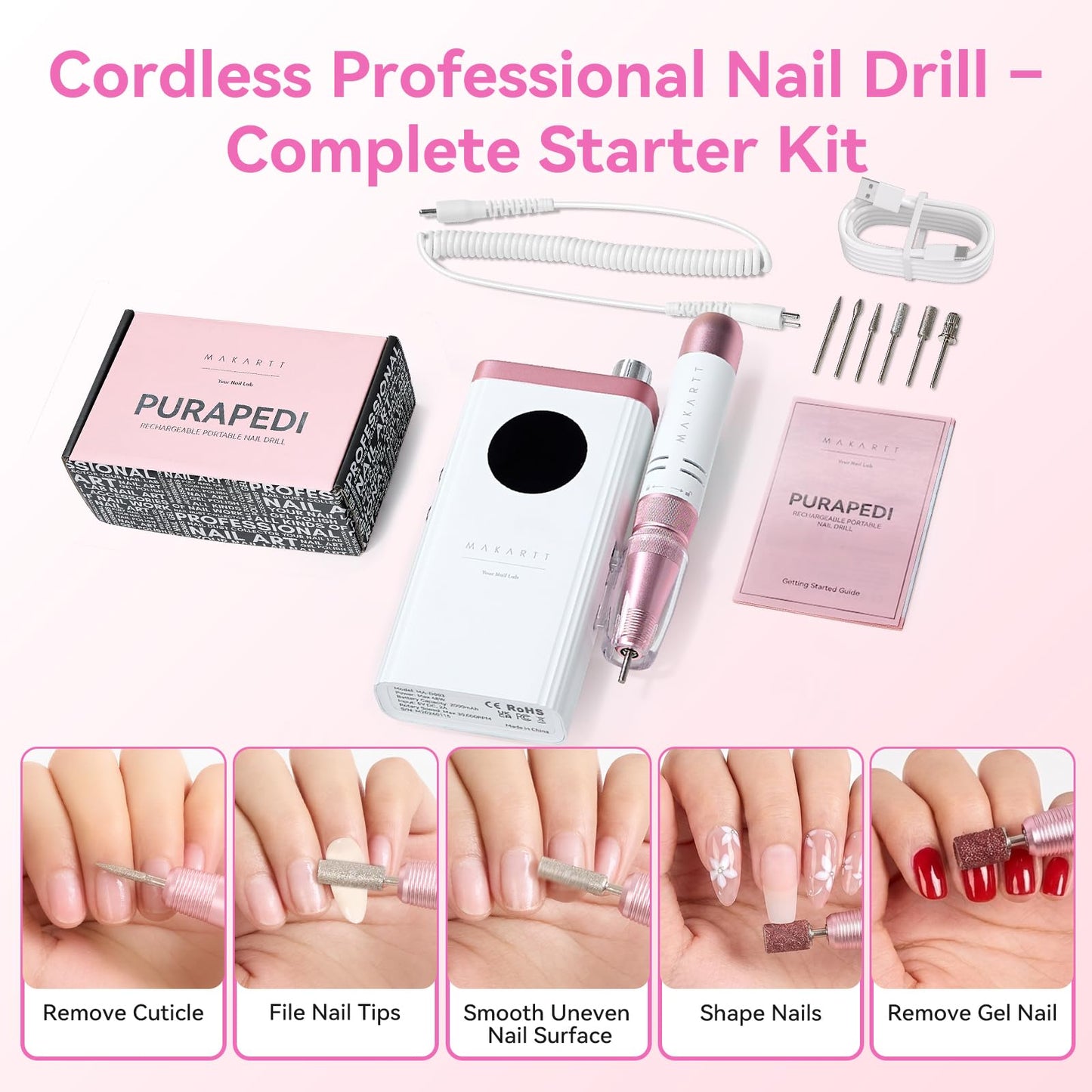 Makartt Cordless Nail Drill 30000RPM - Rechargeable Electric Nail File for Beginners & Pros Ready, Quiet 8H Efile Kit for Acrylic & Gel Removal, 48W Carbon Motor with LCD, Home & Beauty School, White
