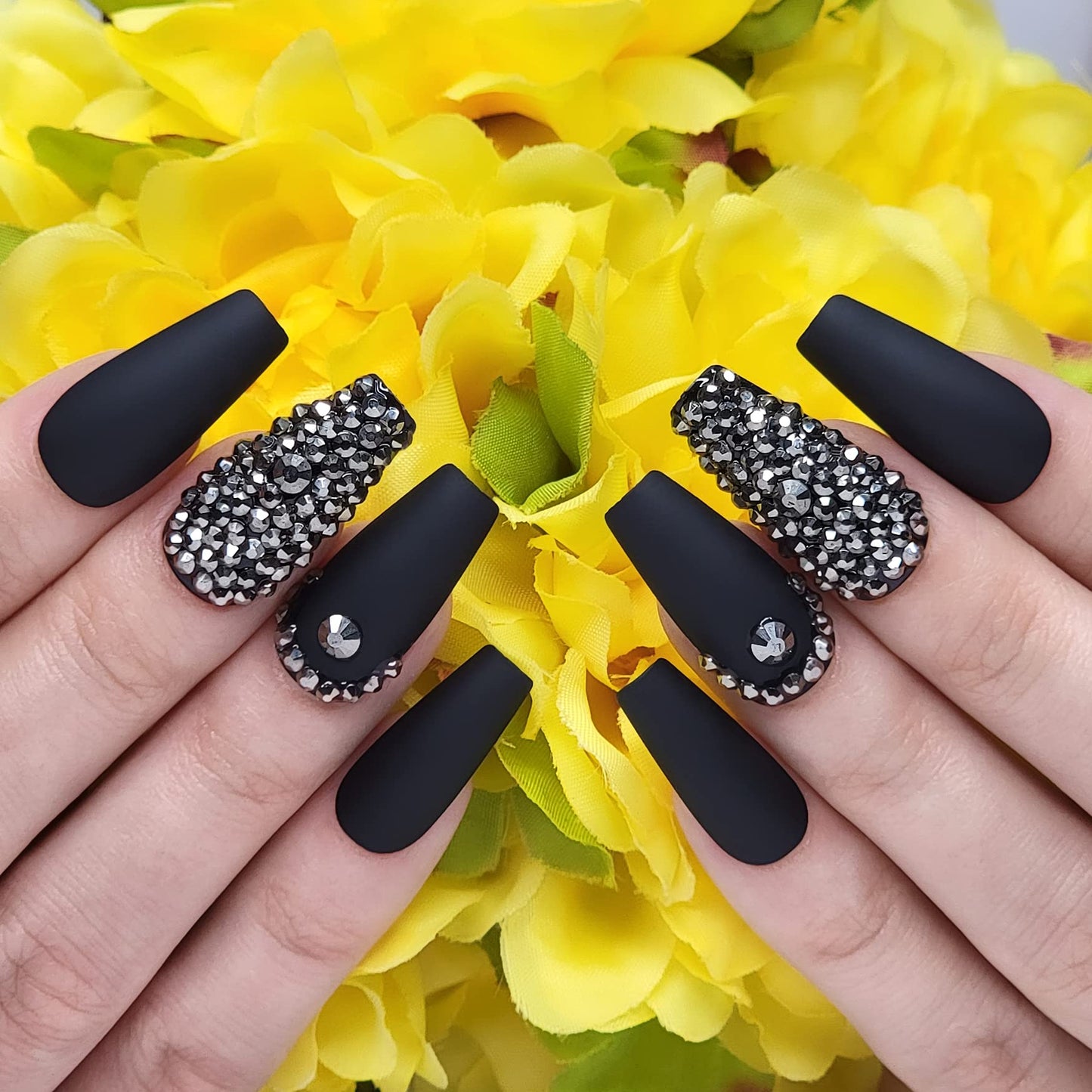 Hypnaughty Press On Nails - Rhinestone Noir & Maroon Xtreme, Trendy & Salon Quality Reusable Nails With Kit