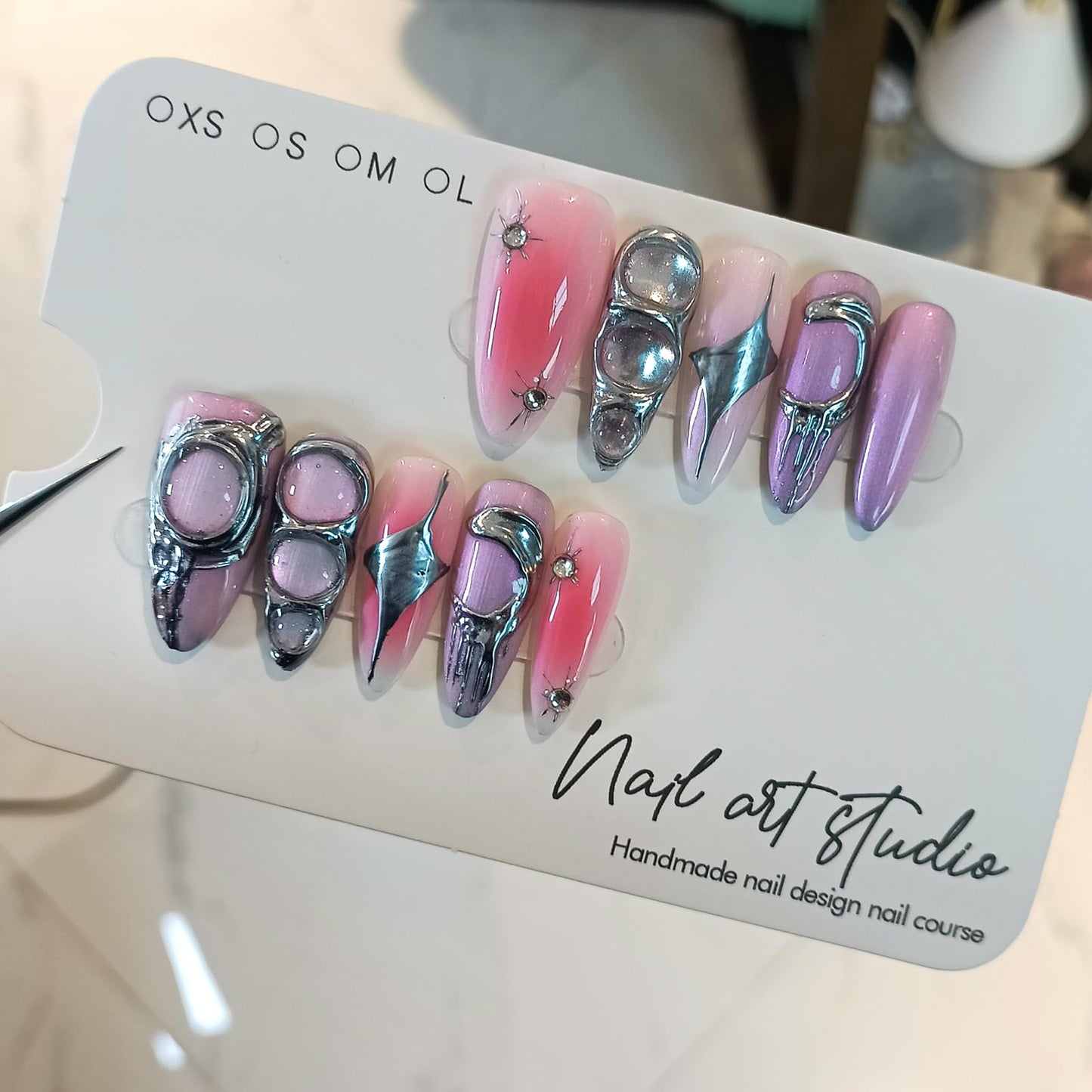TENPAL Metallic Press on Nails Long Stiletto,Sweet Cool Soft Gel With Aurora Designs,10Pcs/Box Acrylic Handmade Pink Purple y2k False Nails Press Ons For Women Gift(XS)