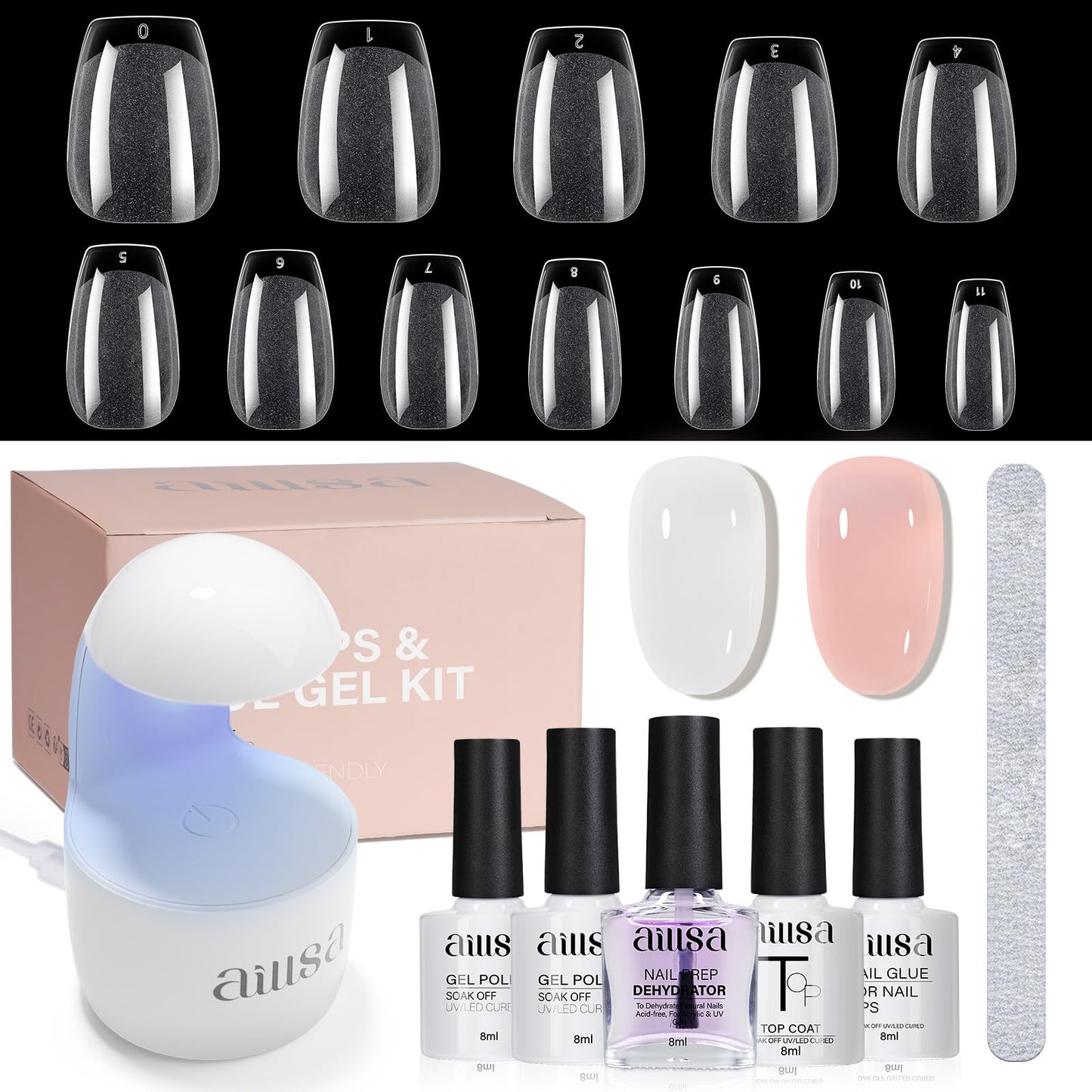 AILLSA Gel Nail Kit Short Coffin Nail Tips 240pcs with 2 In 1 Nail Glue Base Coat and Nail Dehydrator, False Nail Tips Kit with U V Light Top Coat for Beginners DIY Home Salon