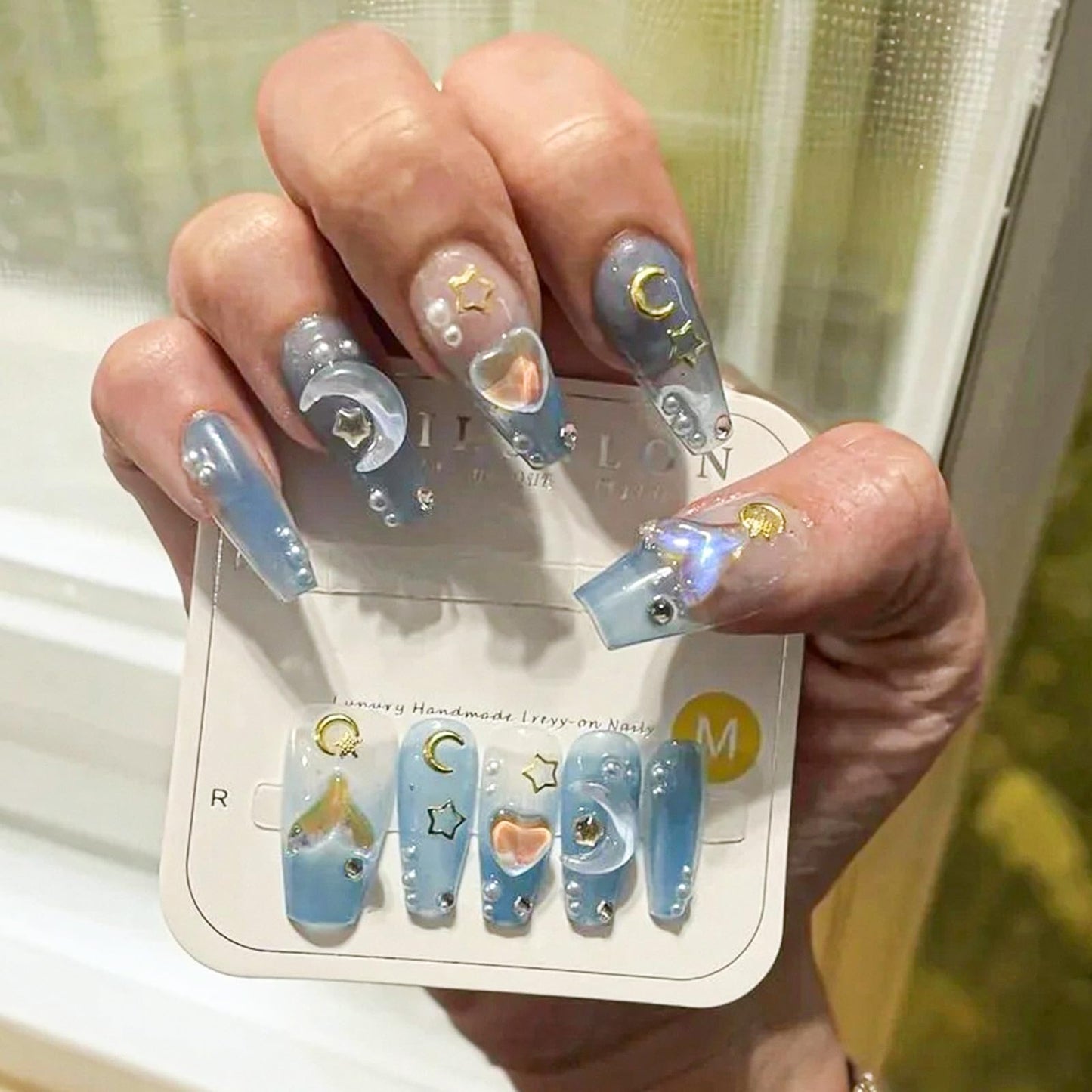 10 Pcs Blue Coffin Press on Nails Handmade Fake Nails with 3D Heart, Moon, Star Nail Art Design Reusable False Nails Kit Handmade Acrylic Nails Press ons Medium Holiday Stick on Nail for Women (S)