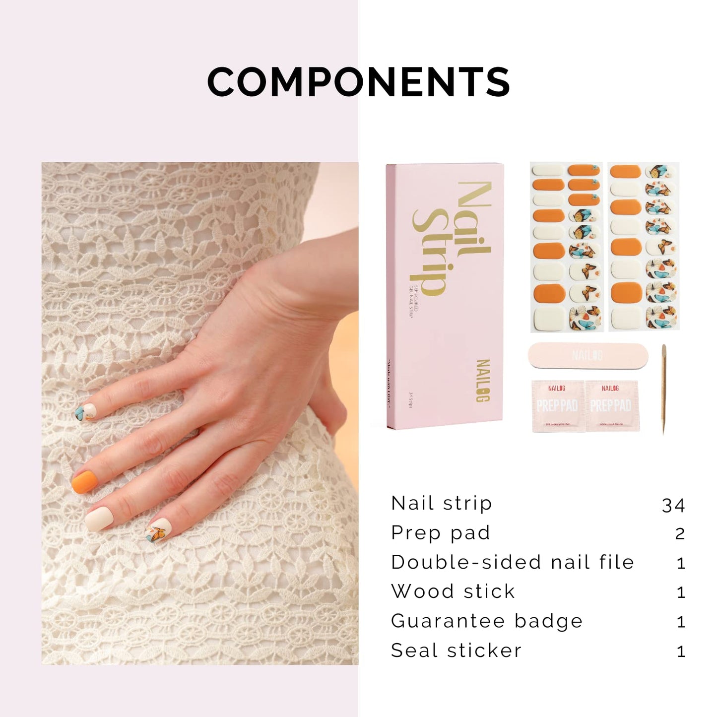 NAILOG Semi Cured Gel Nail Strips, 34 pcs Salon-Quality Gel Nail Stickers, Long Lasting Nail Wraps for Women with Soft Gel Finish | Butterflies