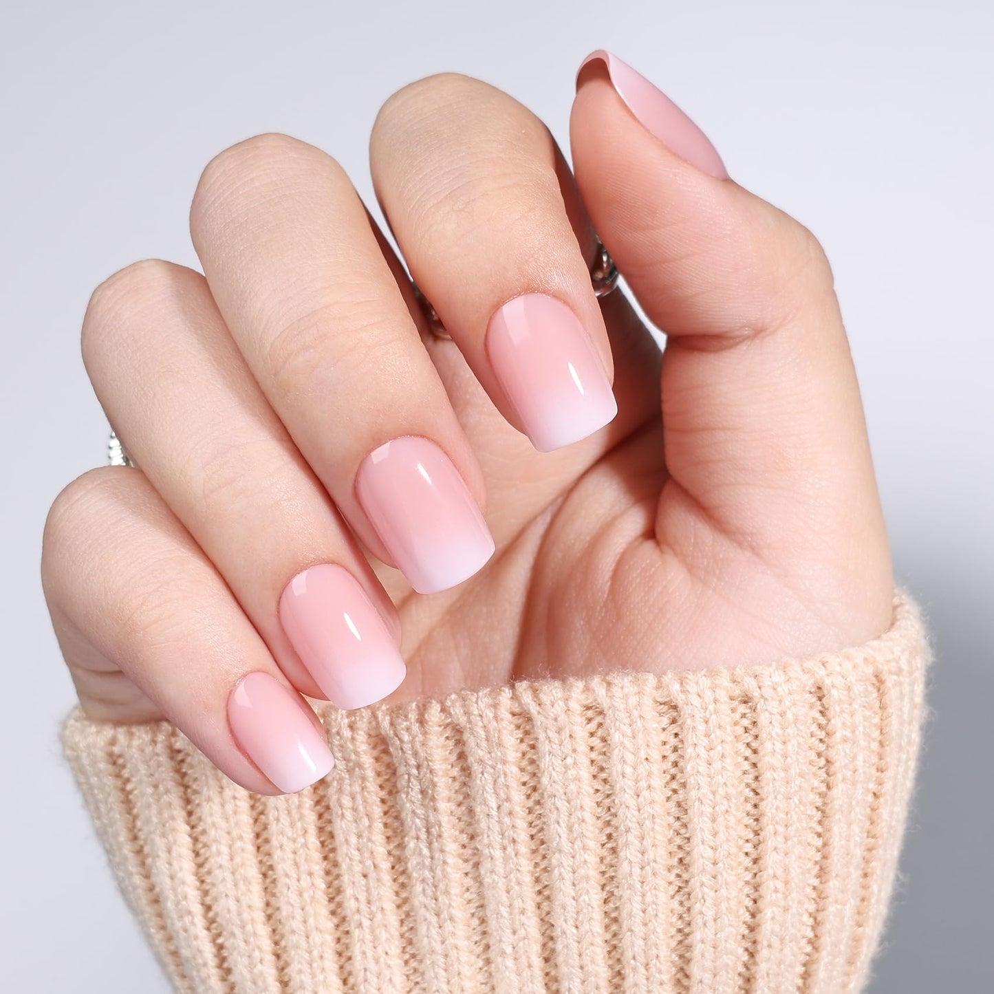SEEWEE Pink Ombre Press On Nails Square - Short Square Nude Pink Fake Nails with Nail Glue, Nude Press On Nails Opaque Reusable Stick On Nails in 15 Sizes - 30 Nail Kit | Salon Quality