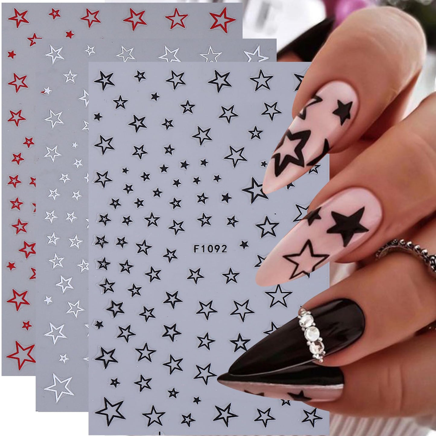 Hollow Star Nail Stickers Decals 12 Sheets Y2K Styles Star Nail Art Stickers Shiny Gold Silver Hot-Pink Black White Stars Nail Designs 3D Self Adhesive DIY Glitters Accessories Manicure Decoration