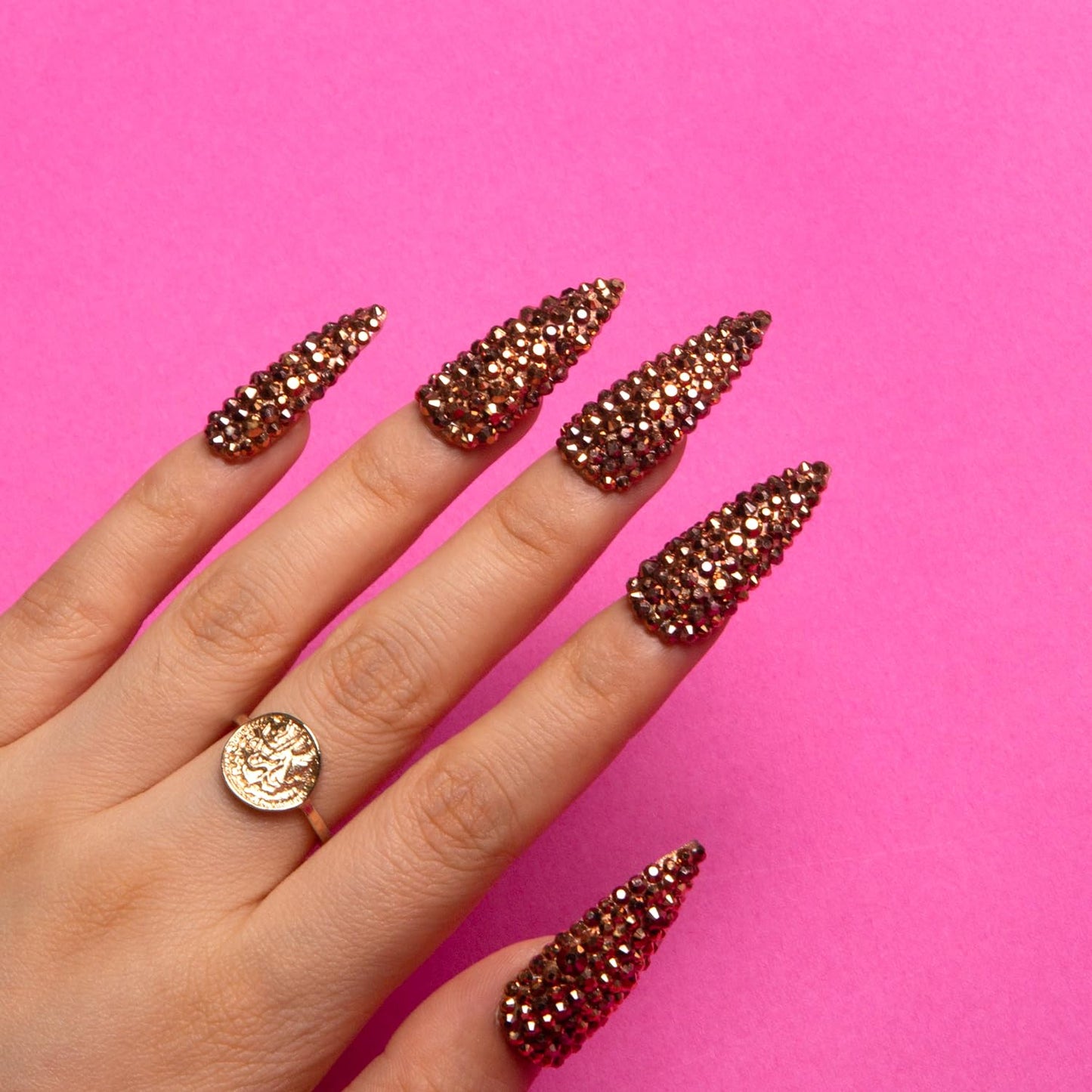 LOVFUL Press on Nails Classic Golden Rhinestone | Handmade with Full Covered Crystals | Reusable Fake Nails | Stiletto Classic Regular 1.3 in | H148-M