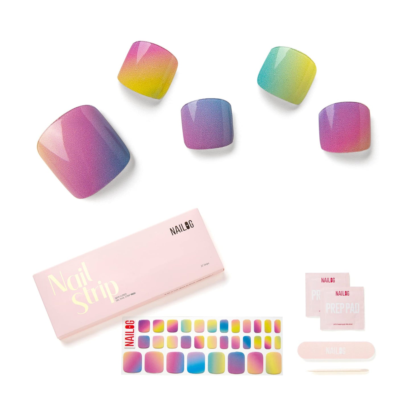 NAILOG Semi Cured Gel Nail Strips, Toe Nail Polish Strips with Glossy Gel Finishing | Buy 3 Get 1 UV Lamp| 32 Pieces Long Lasting Pedi Stickers | Rainbow