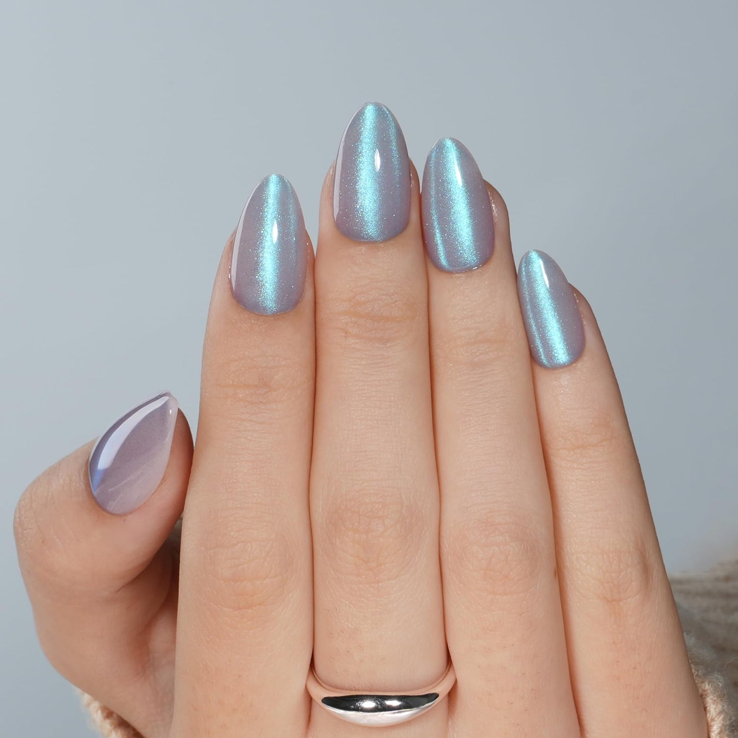 Cat Eye Press On Nails Almond - Short Almond Fake Nails with Nail Glue, Steel Blue Cateye Press On Nails Reusable Stick On Nails in 16 Sizes 32 Nail Kit for Women & Girls | Salon Quality