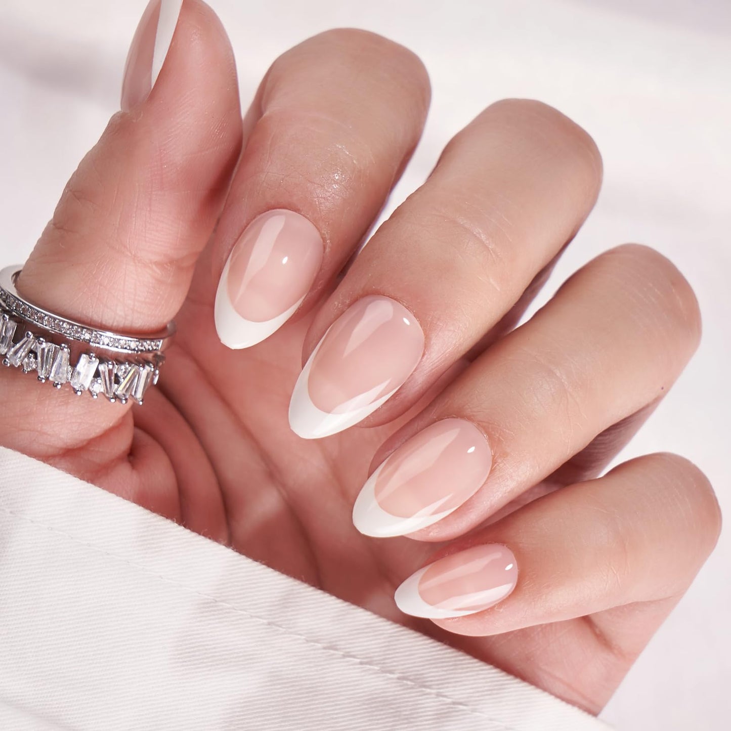 BTArtbox Press On Nails Short - Almond French Tip Press On Nails with Glue for Women, Soft Gel Glue On Nails in 16 Sizes - 32 Stick On Nails Kit, White French