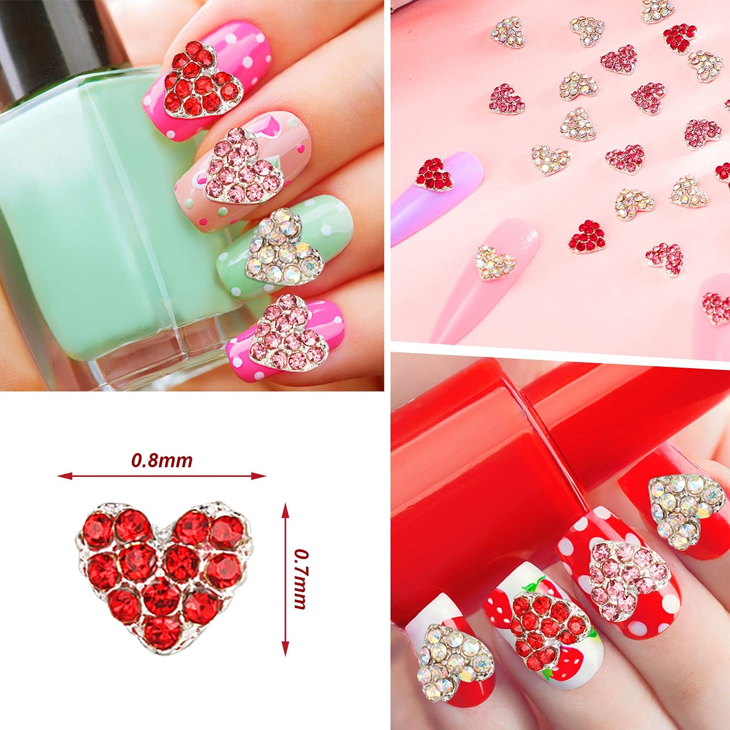 Leelosp 36 Pcs Valentine Heart Nail Charms for Nail Art, 3D Red Heart Rhinestone Decals Silver Crystal Charms Diamond Alloy Gems for Women Valentine's Decorations