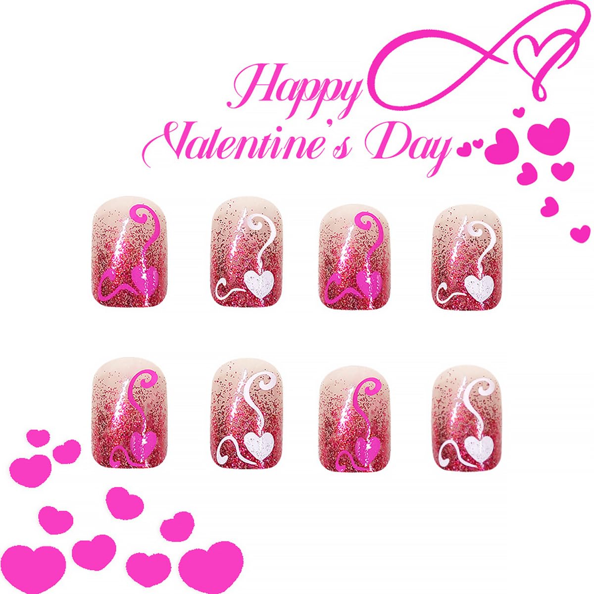 24Pcs Valentine's Press on Nails Short Square French Tip Fake Nails Romantic Heart False Nails with Pink Glitter Nude Full Cover Artificial Glue on Nails Cute Valentines Stick on Nails for Women