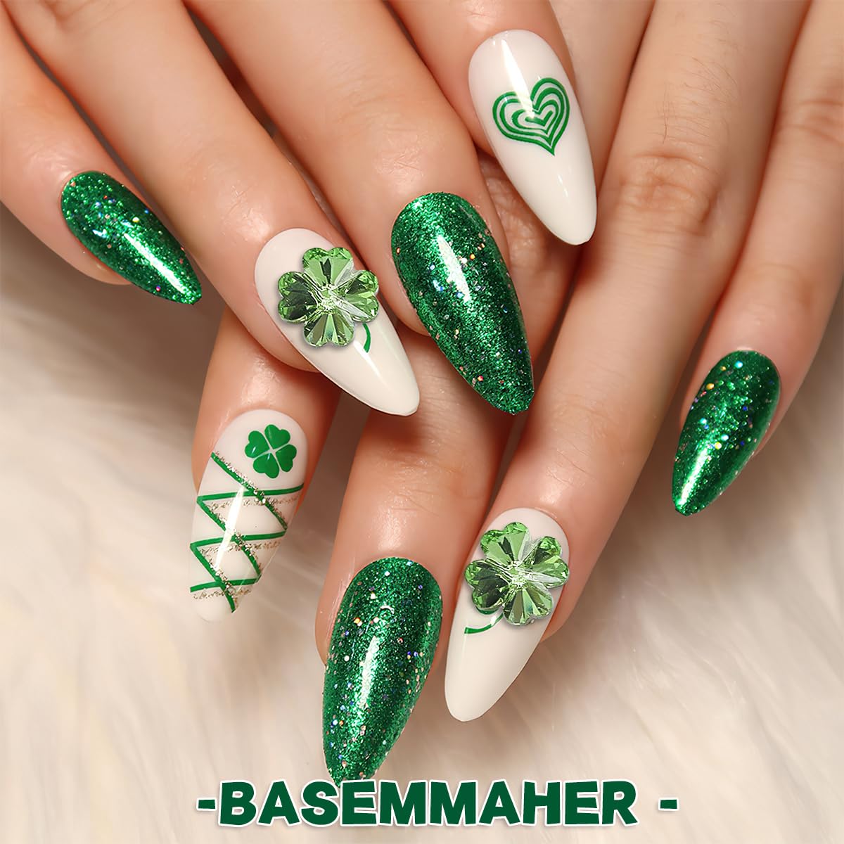 24Pcs Glitter 3D Green Shamrock Nail Charms for St. Patrick's Day Clover Nail Rhinestone Decal Crystal Diamond Alloy Nail Gems Irish Decorations for Women Girls Manicures Eyes Makeup Crafts