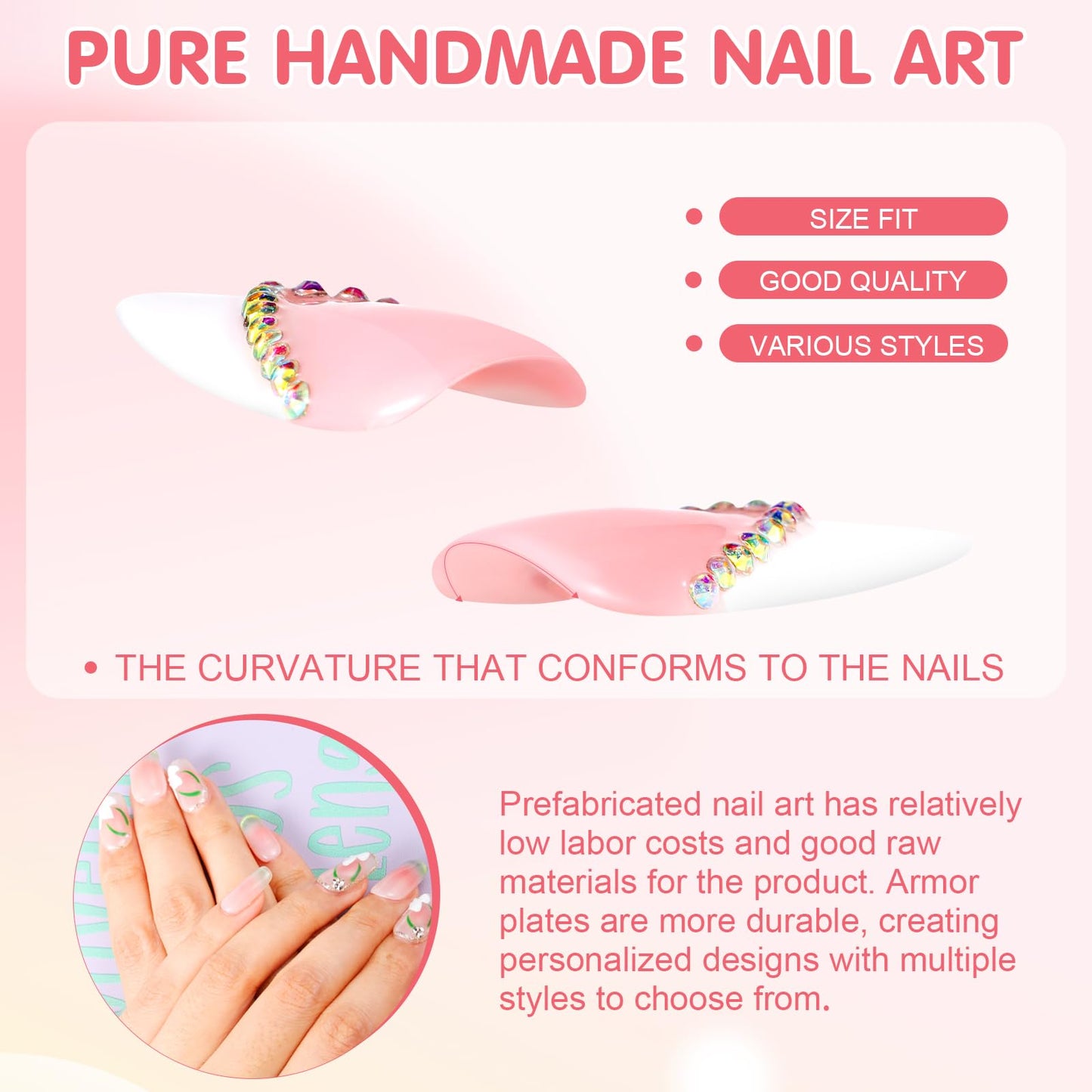 Yabonica French Tip Press On Nails Long Stiletto,10 Pcs Handmade Acrylic Fake Nails Press Ons Salon Design Stick On Nails,Luxury UV Gel Glue On False Nails with 3D Rhinestone (Middle Size)