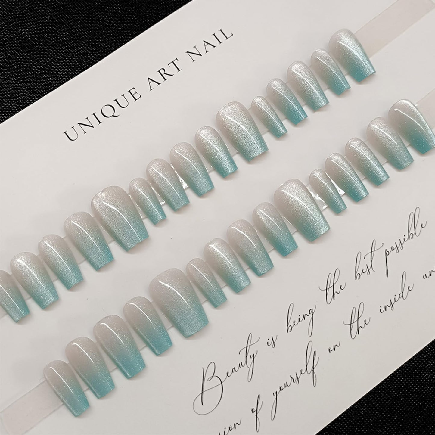 Sparkle Blue Press on Nails Blue Glitter Ombre Fake Nails Glossy Silver Sparkly False Nail Medium Coffin Reusable French Tips Stick on Artificial Fingernails for Women Elegant Style