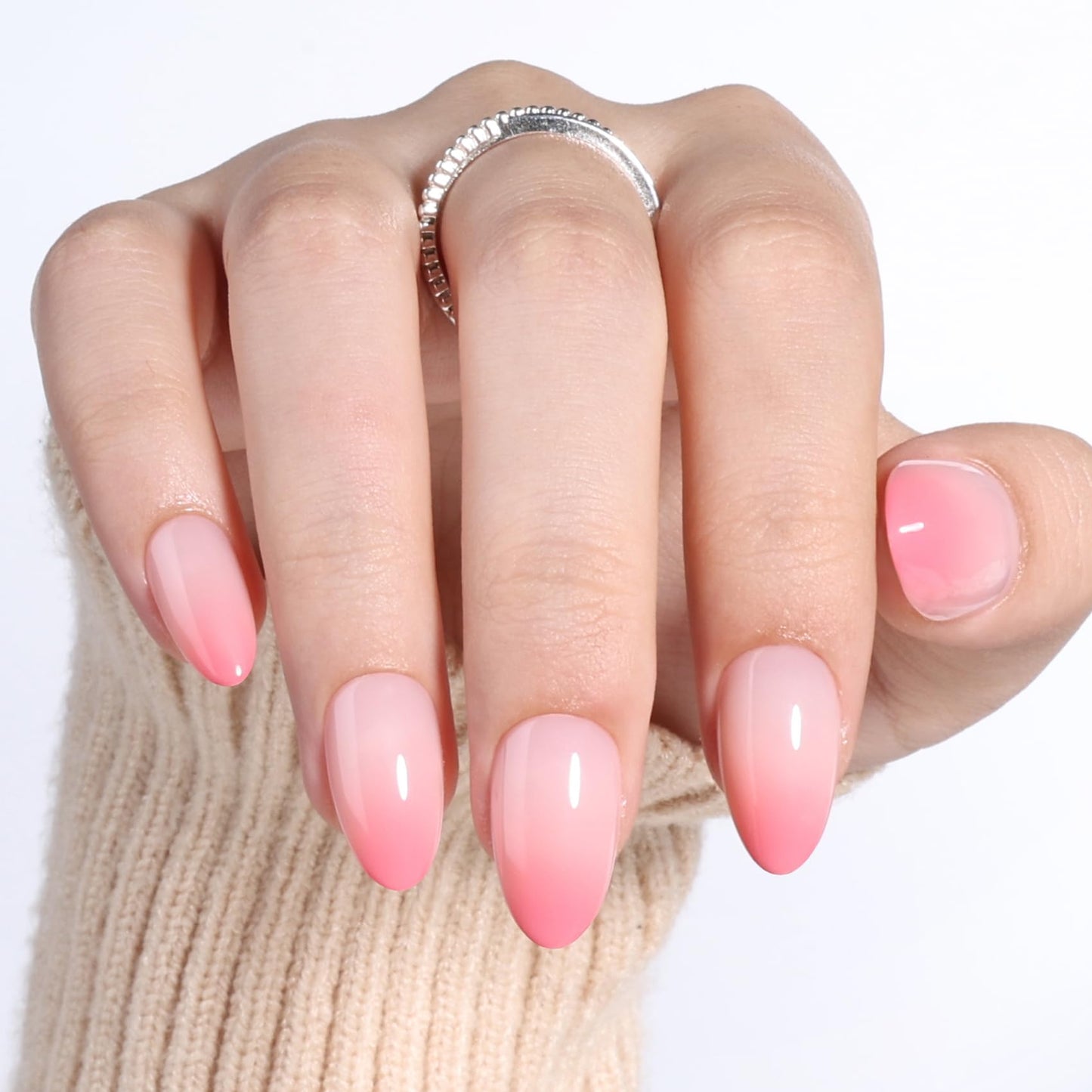Pink Ombre Press On Nails Almond - Short Almond Fake Nails with Nail Glue, Pink Press On Nails Opaque Reusable Stick On Nails in 16 Sizes - 32 Nail Kit for Women & Girls | Salon Quality