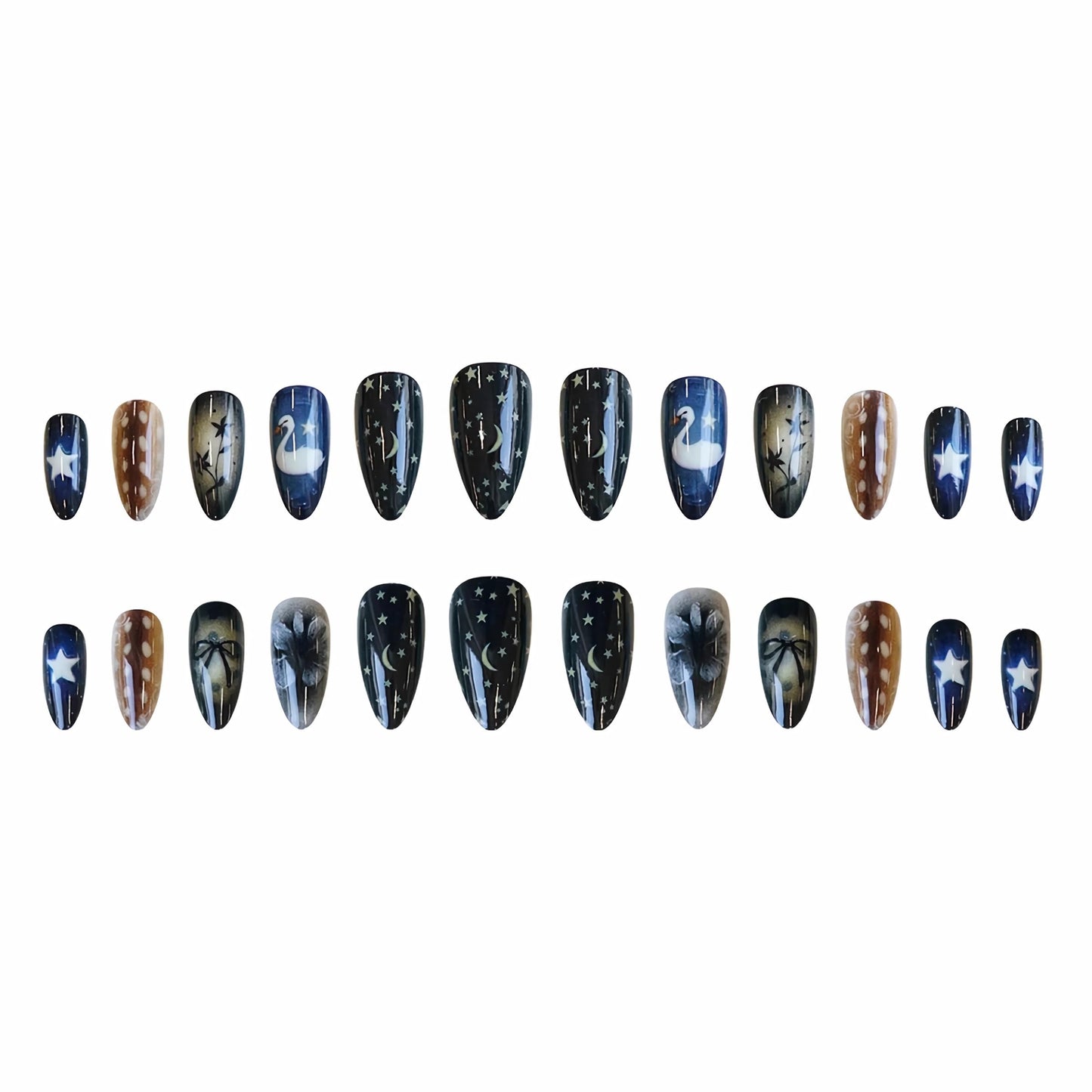BABALAL Press on Nails Medium Almond Fake Nails Black Blue Glue on Gothic Swan Bow Anime Print False Acrylic Nails Cute 24Pcs Custom Stiletto Full Cover for Women Girls