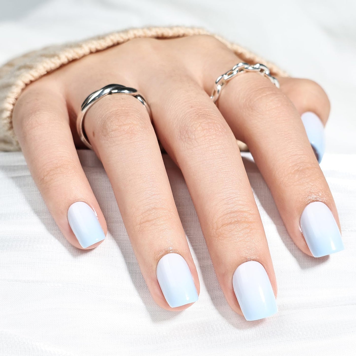 Leefrei Press On Nails - Short Square Blue Fade Press on Nails Glossy Finish Nails Press Ons for Women DIY Fake Nails Kit with Glue, Reusable Glue on Nails Short in 15 Sizes - 30pcs, Sky Fade