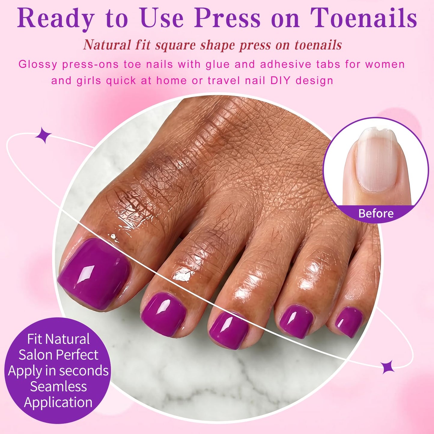 120pc Press on Toenails Women Fake Toe Nail Press ons,Purple Acrylic Toenail Press ons Toes Nails Fake Toenails Glue on Toe Nail Tips 12 Sizes Toe Press-on Pedicure Presson False Nails for Feet