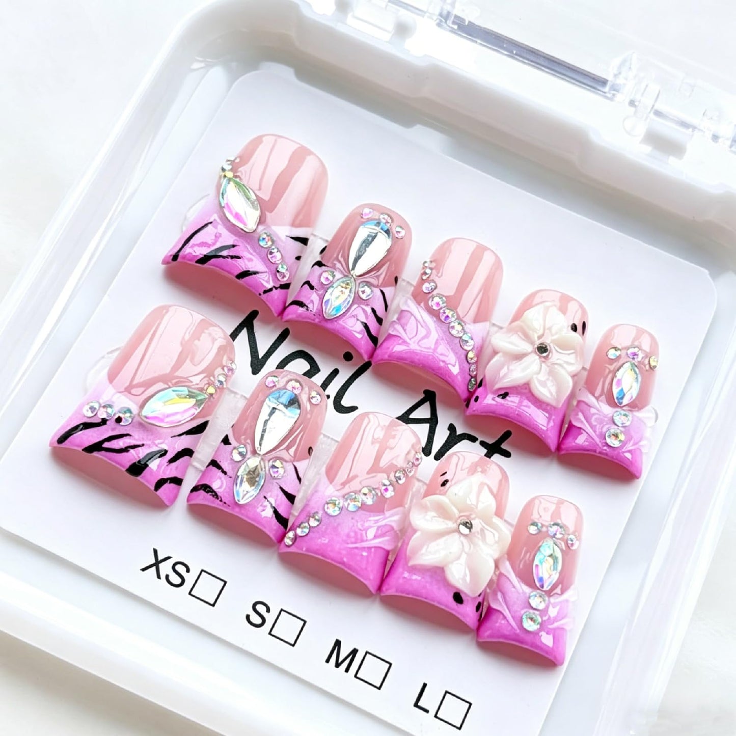 Threelegscat Handmade Short Duck Press on Nails -Pink Purple French Fake Nails With3d Flower& Rhinestone Acrylic Press on Nails for Women Daily& Party 10 PCS Size M