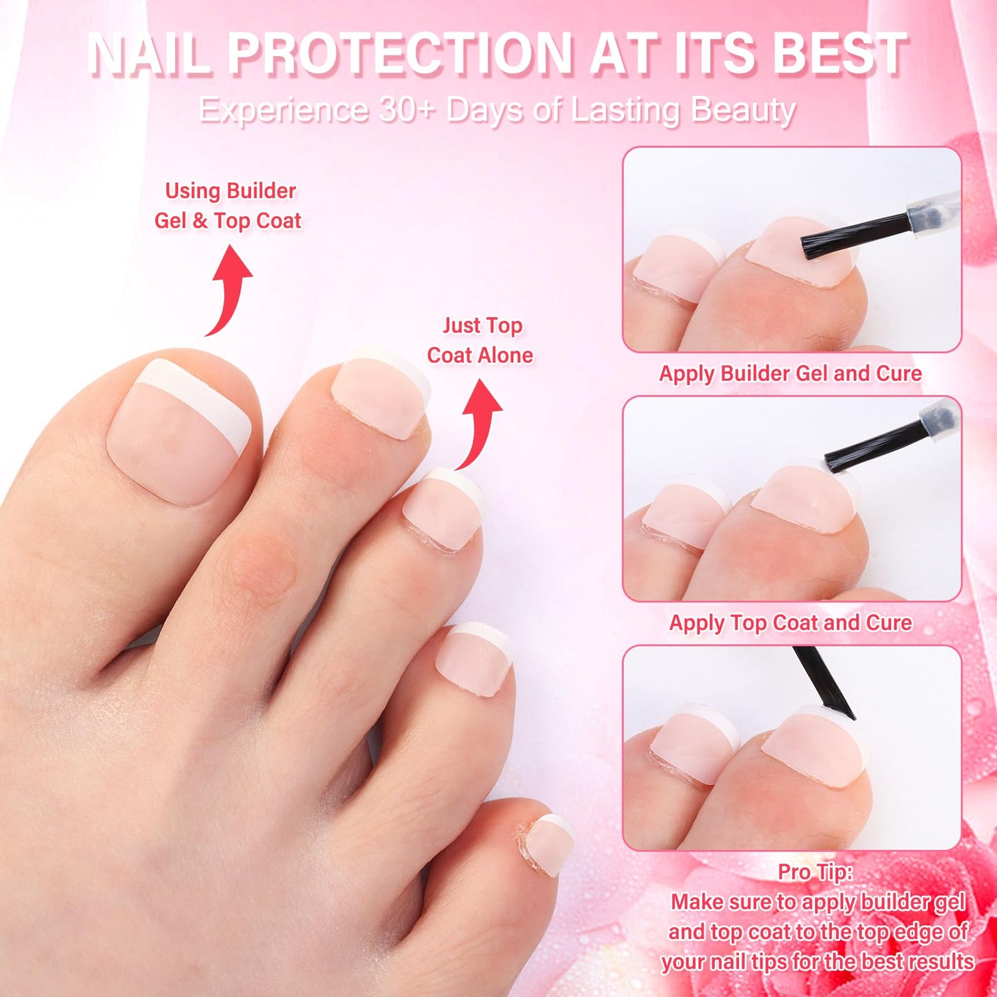 INENK French Tips Nail Tips, 240PCS White-Light Natural White French Press on Toe Nail Pre-applied with a Tip Primer and Base Coat, 15 Size Soft Gel Fake Nails for Nail Extension Home DIY