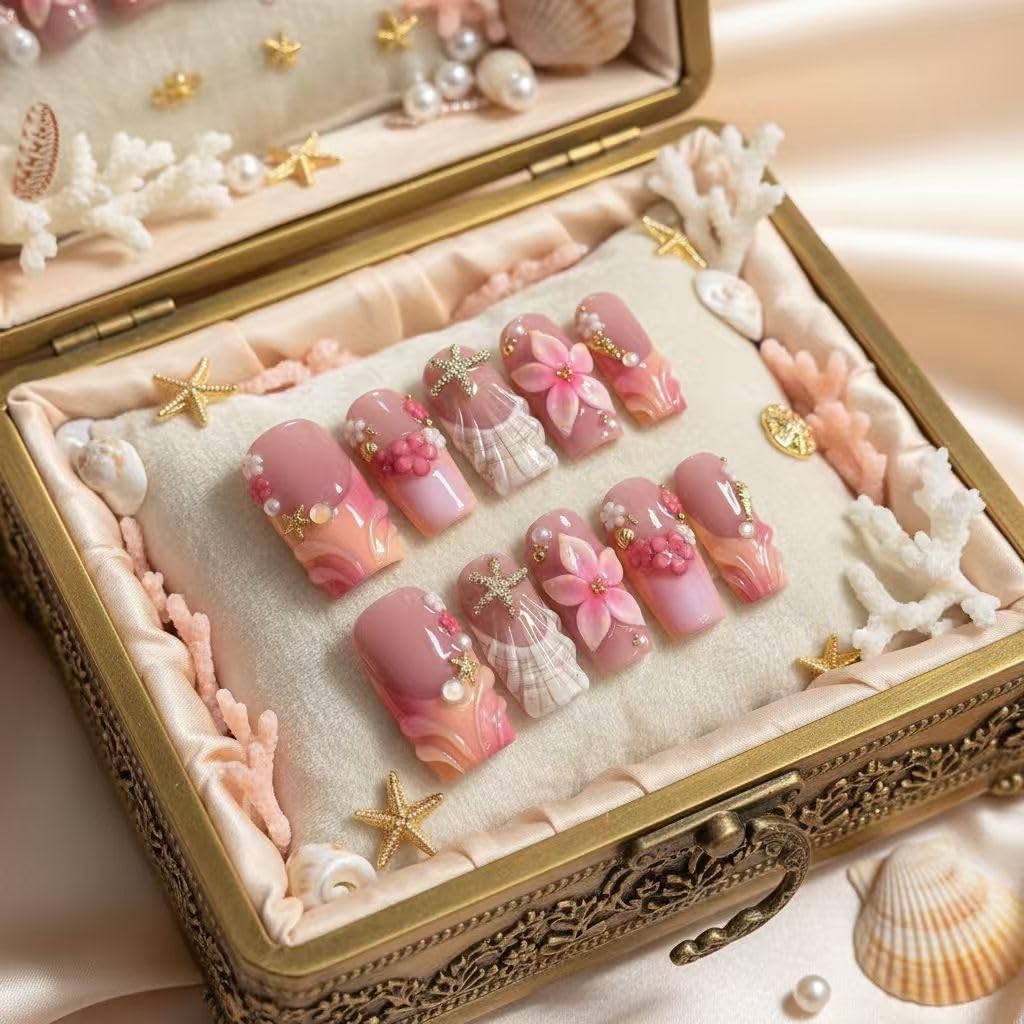 MikaJayboo Handmade Medium Square Press on Nails Pink French with Gradient Ocean Style Fake Nails with 3D Flower Shell & Starfish Summer Beach Party Nails for Women, 10Pcs (Size M)