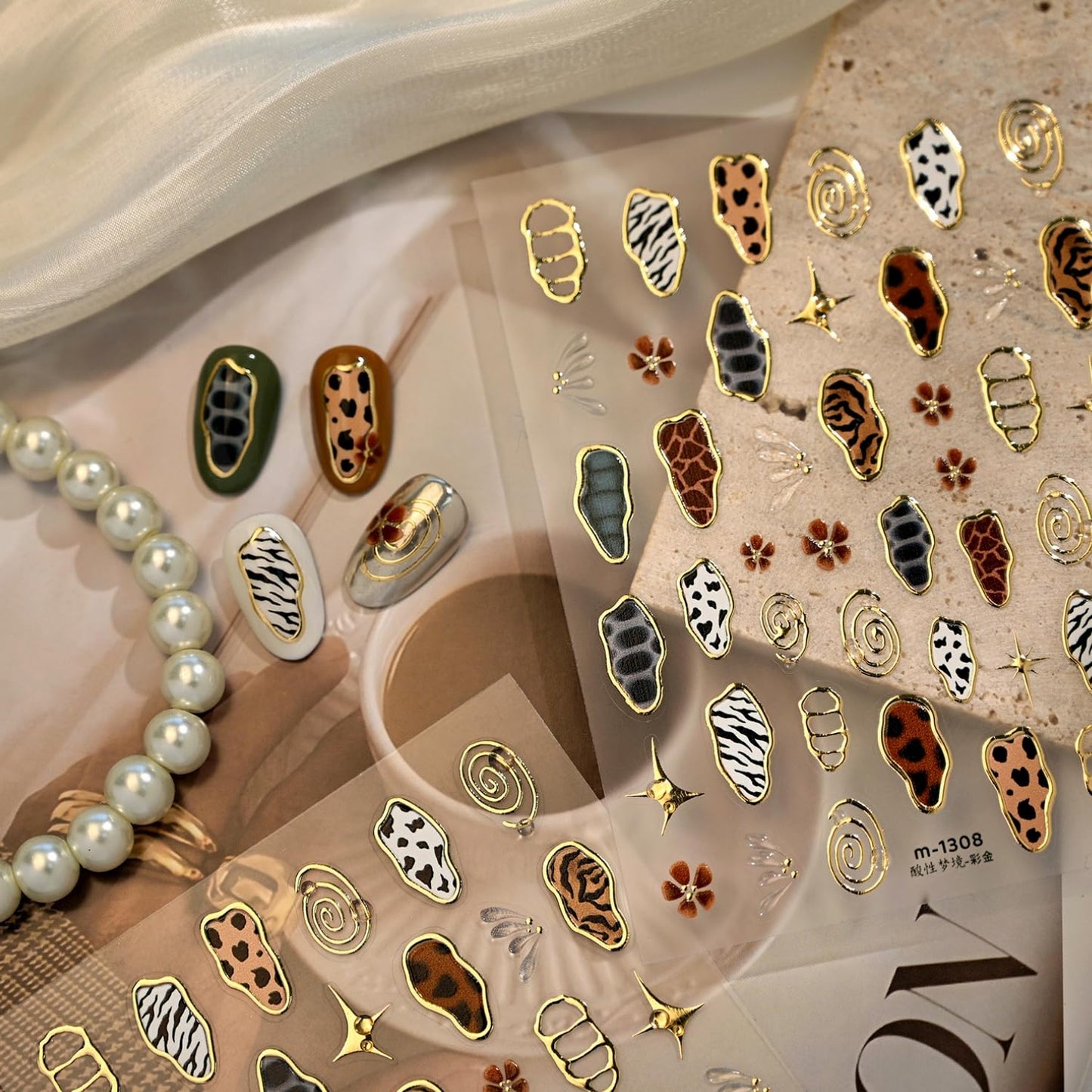 Leopard Nail Art Stickers 5D Embossed Irregular Geometric Nail Decals Gold Nail Stickers for Nail Art Brown Leopard Nail Design Charms Decoration Accessories for Women and Girls