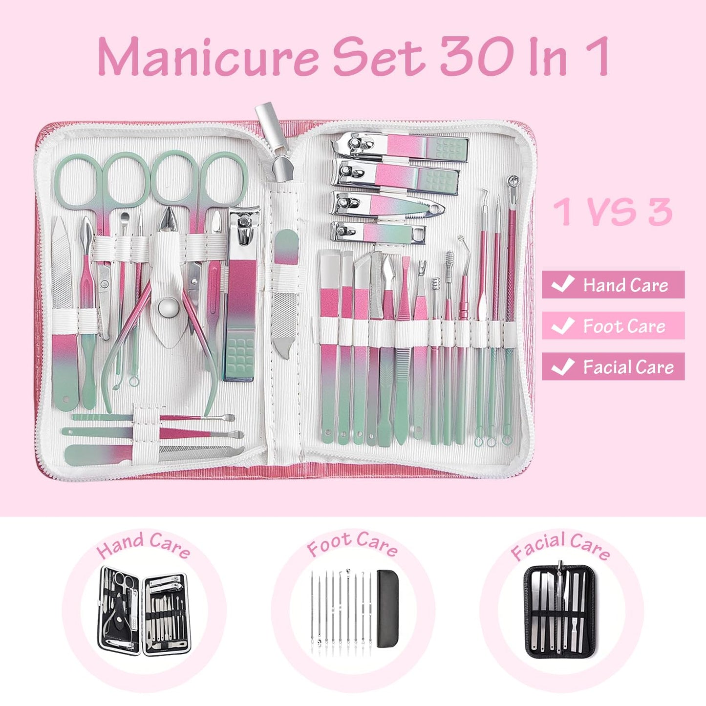 Nail Clippers Set 30 Pcs Professional Grooming Kits, Fingernail and Toenail Clipper Cutters, Ear Wax Removal Kit, Pedicure Tools, Manicure Tools with Luxurious Travel Case