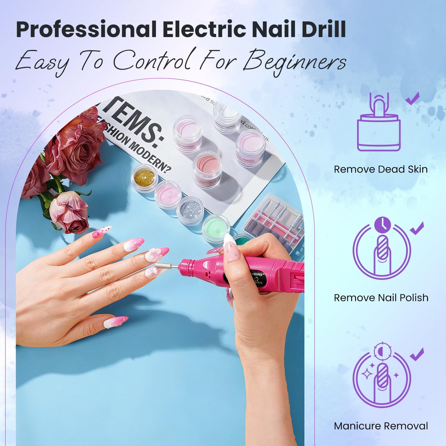 Nail Kit for Beginners with Everything: Acrylic Nail Set Professional Drill Powder Liquid Starter Kits with U V Lamp in Cosmetic Gift Bag for Women Salon Home(Purple)
