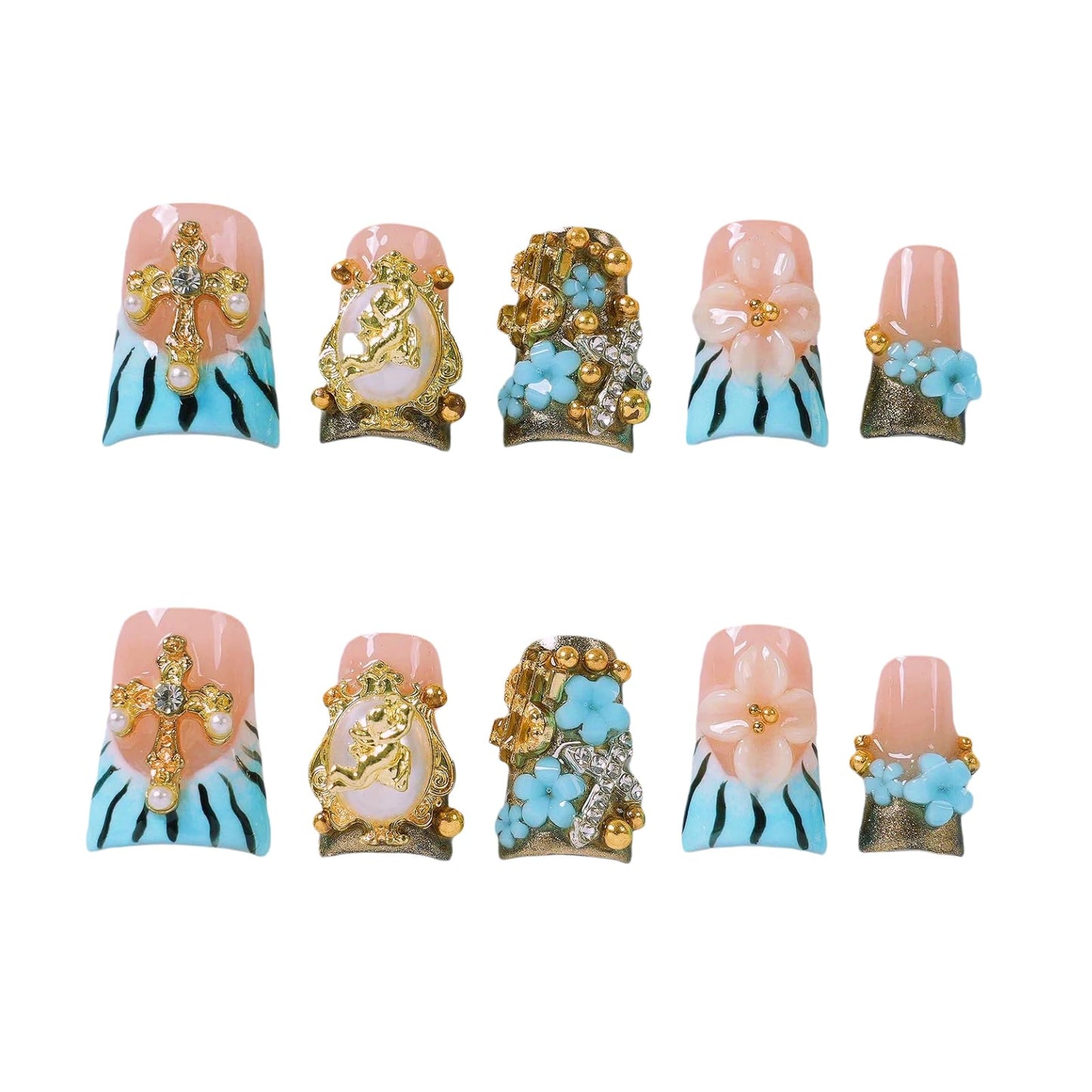 Tesytto Handmade Press On Nails Blue Zebra Short with Gold Angel Cross 3D Flower Rhinestone Charm, Stick On Fake Nails for Women, Reusable Baroque Vintage False Nails,10 Pcs(Baroque Enchanted Dream,S)