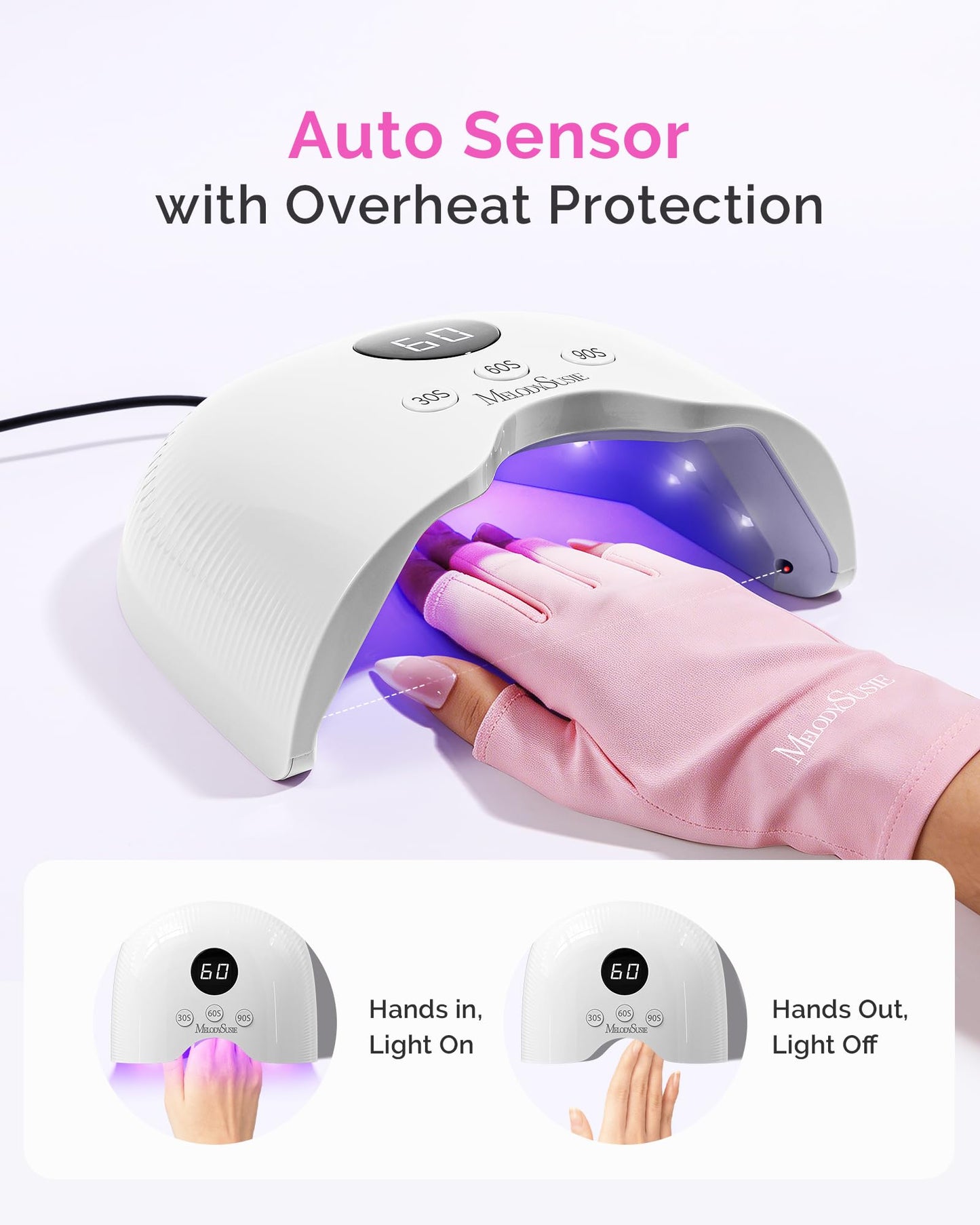 MelodySusie Compact LED UV Nail Lamp with UV Gloves, P-PLUS30A Nail Dryer with Smart Sensor Cures All Gels, Especially Rhinestone Glue, Liner & Cat Eye Gel Polishes for Advanced DIY at Home, White