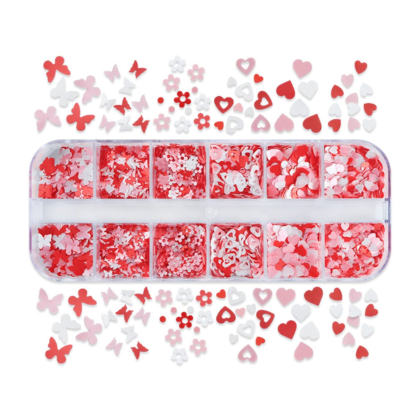 Nail Art Glitter Sequins, White and Pink 3D Glitter Flakes Designs, Love Heart Butterfly Flowers Sparkly Acrylic Nails Supplies for Women Girls Manicure Charms Decorations, DIY Resin Nail Art