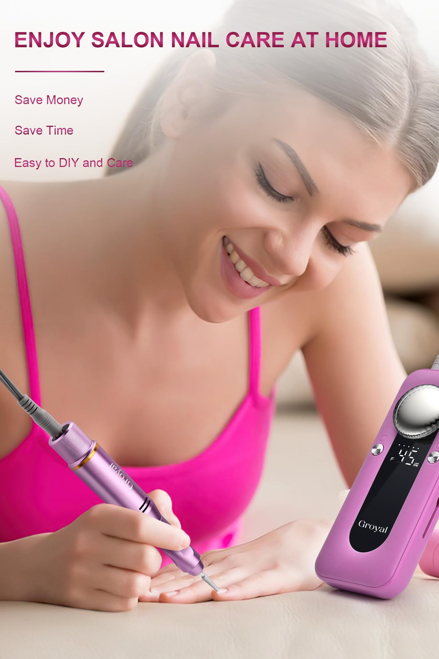 Electric Nail Drill Professional, 45000RPM Cordless Electric Nail File for Acrylic Gel Nails, Manicure Pedicure Polishing Shape Tools for Home Salon with 11pcs Drill Kits, Pink