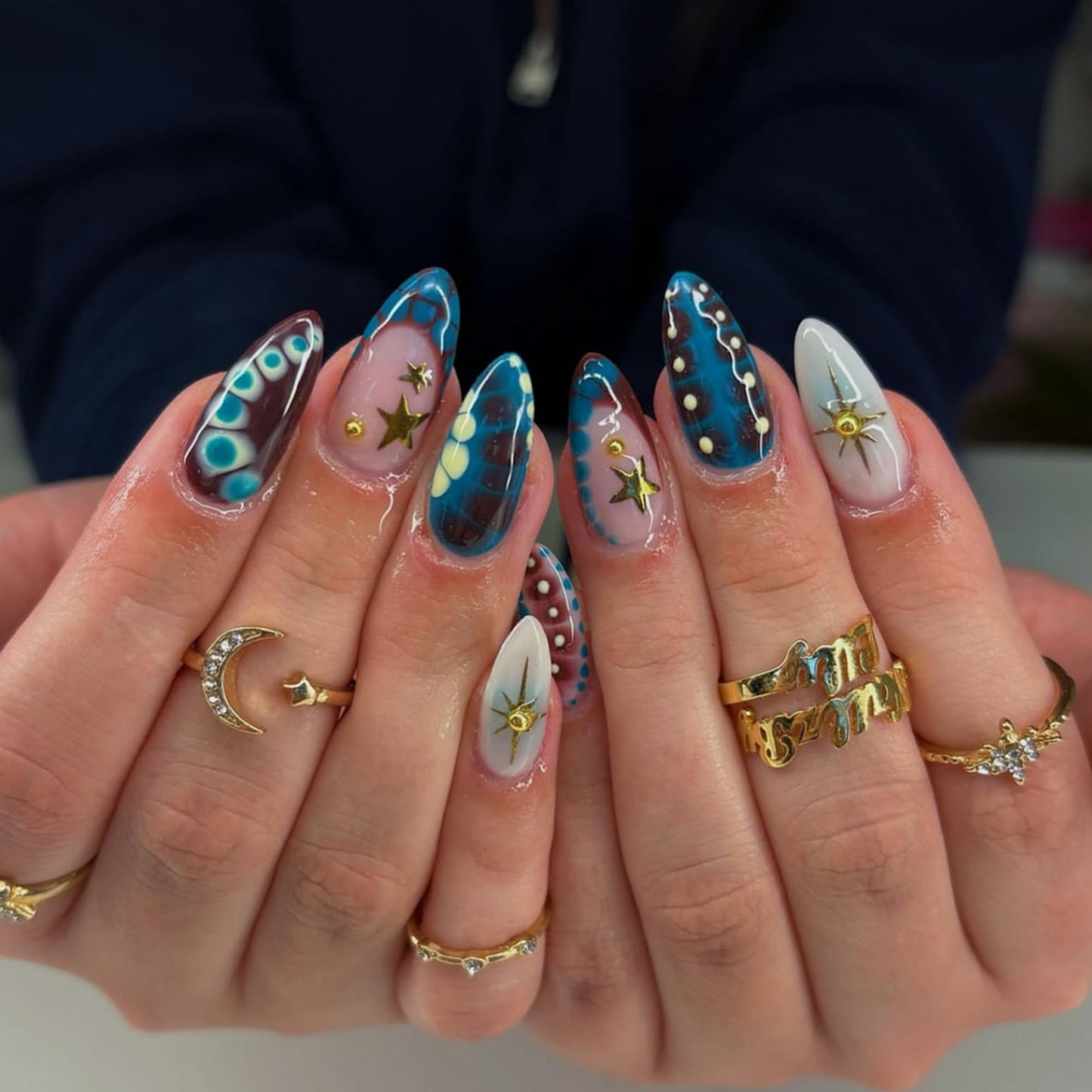 octoswave Press on Nails Long Almond Fake Nails Gold Stars Artificial Nail Glossy Spot Stick on Nail for Women 24pcs
