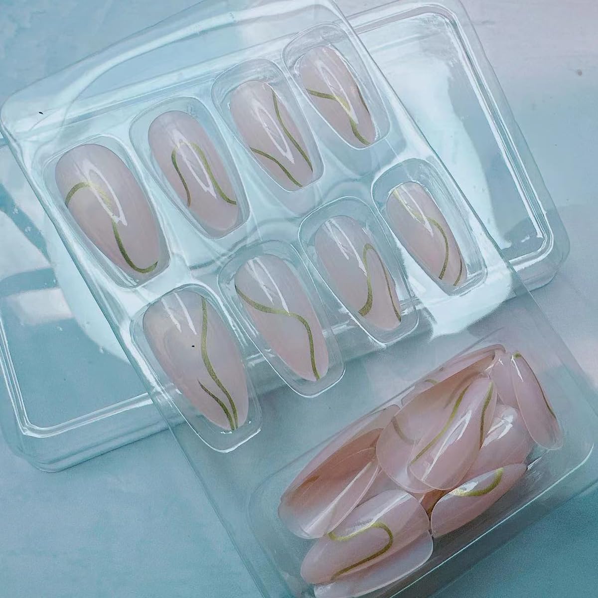 Almond Press on Nails Medium with Curve Line Design, Glossy Gold Glitter Lines False Nails Gel Glue on Nails, Press ons Stiletto Nails Natural Nude Reusable Acrylic False Nails for Women Daily Wear