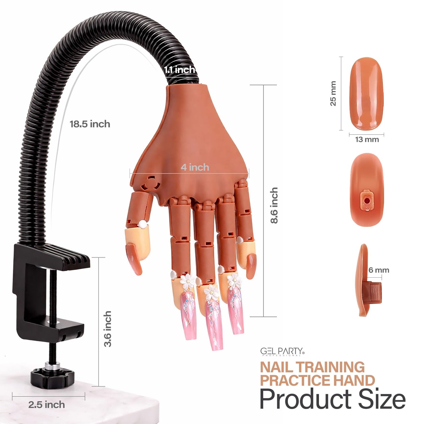 GELPARTY Flexible Nail Practice Hand with Table Clamp – Professional Manicure Training Hand for Acrylic & Gel Nails – Includes 100pcs Replacement Brown Tips, Adjustable & Reusable (Basic Hand Set B)