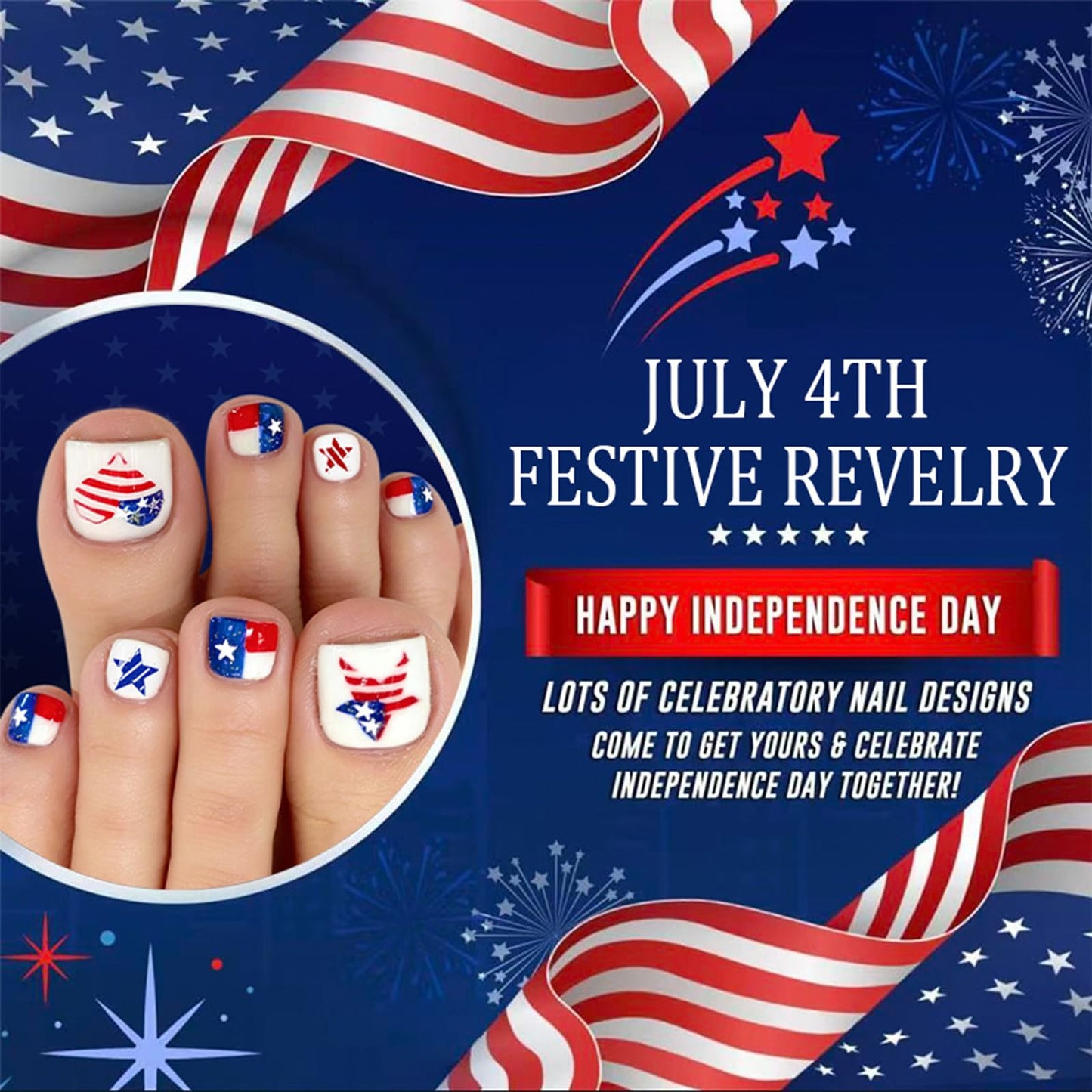 4th of July Press on Toenails Short Square Glossy Fake Toe Nails American Flag Star Heart False Toenails Red White Blue Checkered Toe Nail Press ons Acrylic Stick on Toes for Women 24Pcs