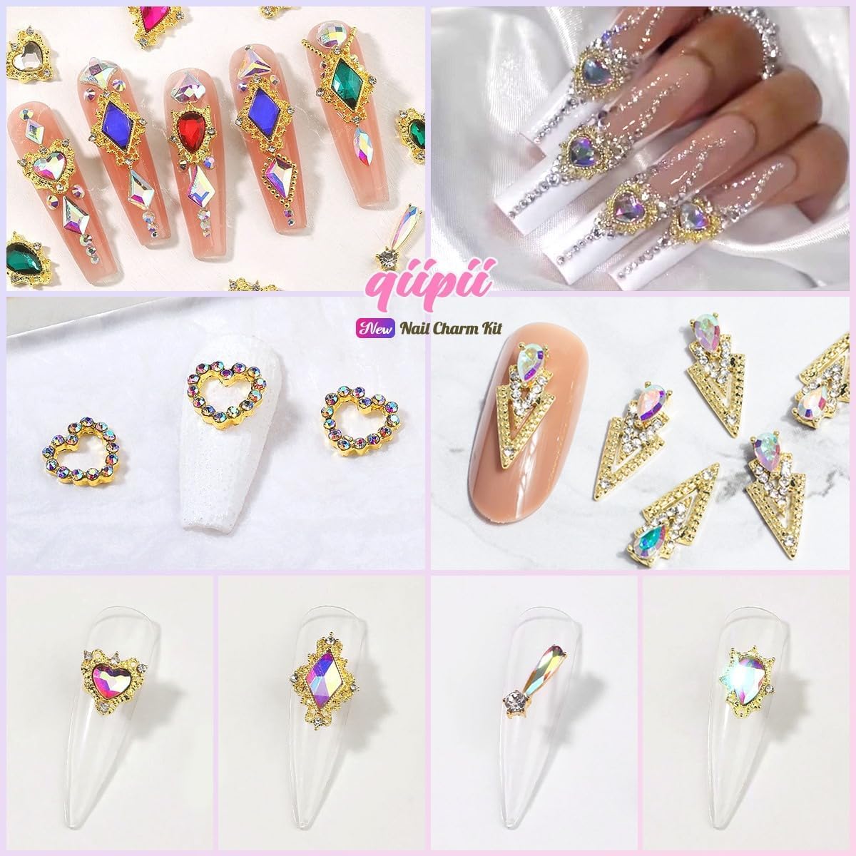 qiipii 24pcs Crystal AB Luxury Nail Charms +2000pcs Crystal White AB Rhinestones 3D Big Nail Gems K9 Glass Nail Crystals Diamonds Jewels Stones Alloy Nail Art Studs Decor Supplies for Nails Crafts DIY