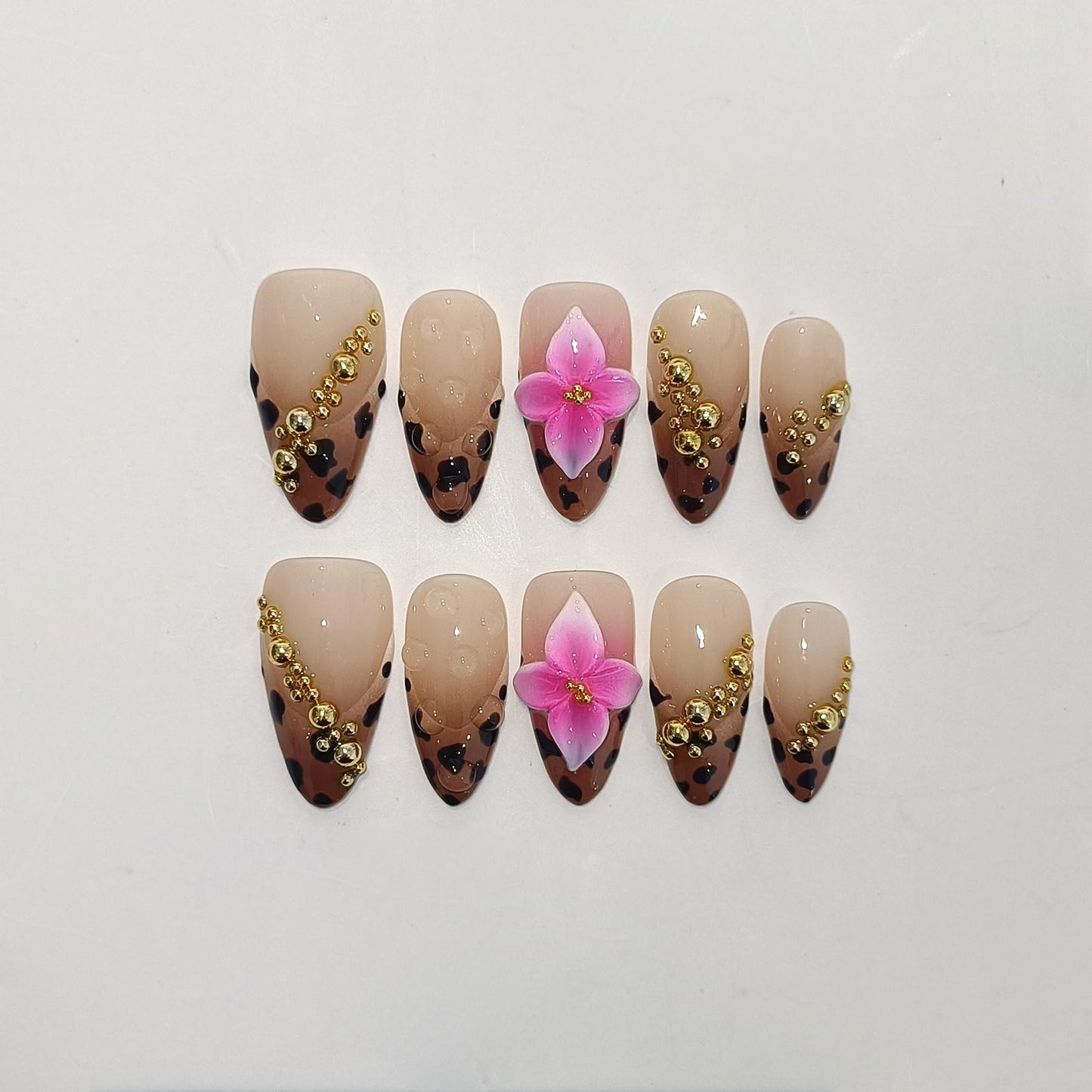 TENPAL 10-Piece Almond Press-On Nails Kit,Sexy Leopard French Tips Fake Nails with 3D Gold Beads & Pink Flowers,Brown Y2K Nails for Women, Edgy Yet Cute Daily Wear False Nails with All Tools(L)