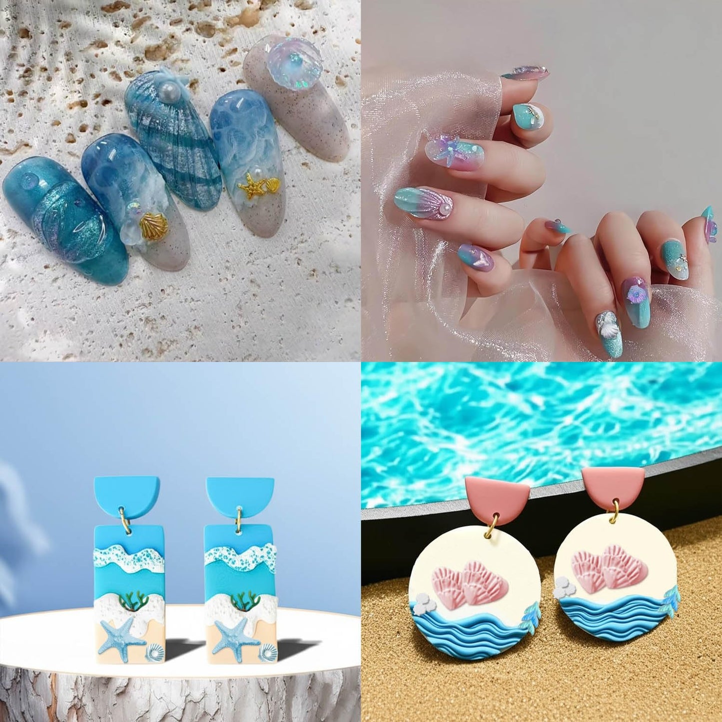 3D Silicone Nail Molds, 6Pcs Ocean Nail Art Molds Art Nail Silicone Mold with 103 Sea Charm Starfish Resin Seahorse Template Mould for Women Holiday Beach Nail Charms Accessories