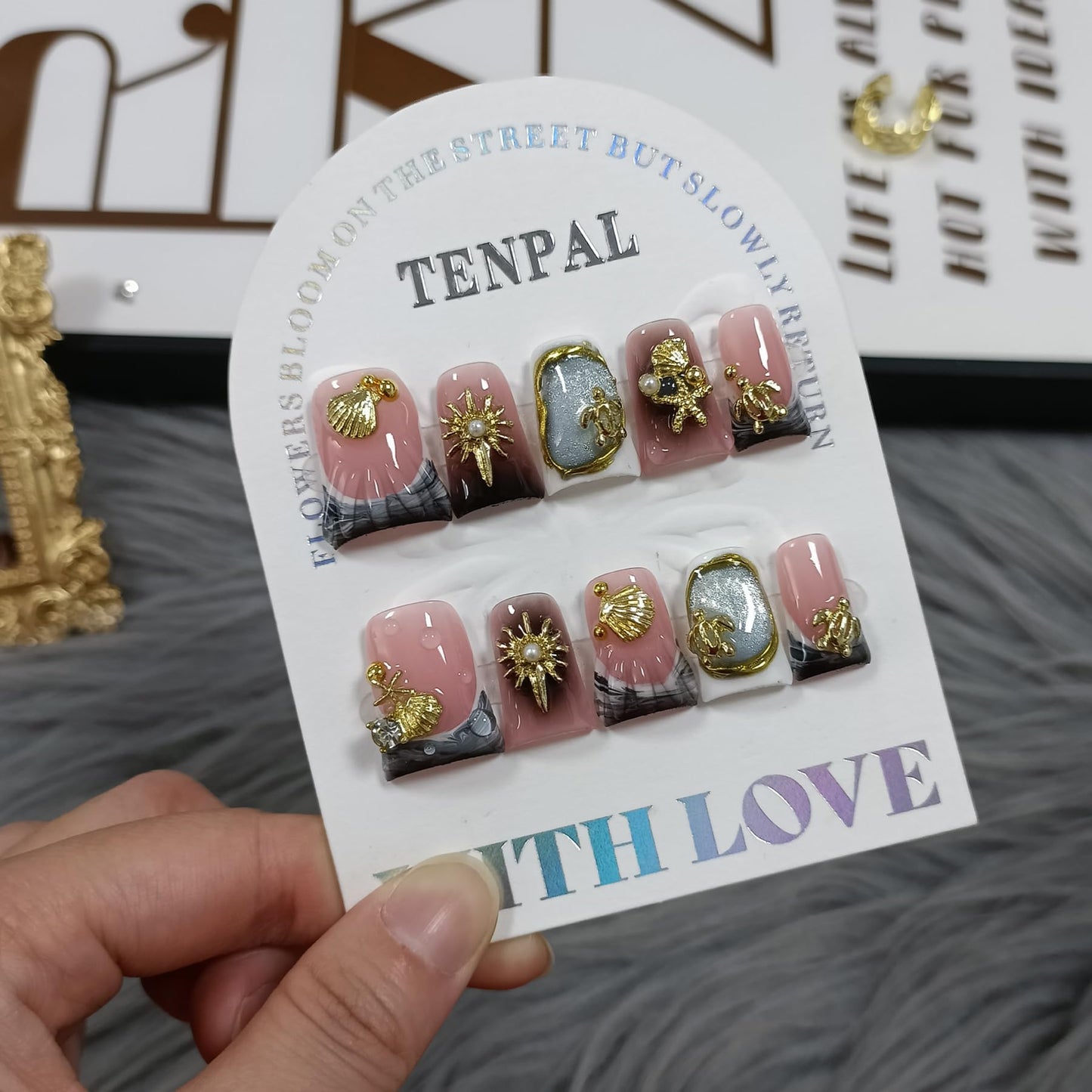TENPAL Duckbill Press on Nails - Black Gray Cat Eye Ocean Metal Design Glue on Nails for Women| 10PCS Glitter False Nail with 3D Charms Designs | Gothic Y2K Style for Daily Party Wear,Duck Nails(M)