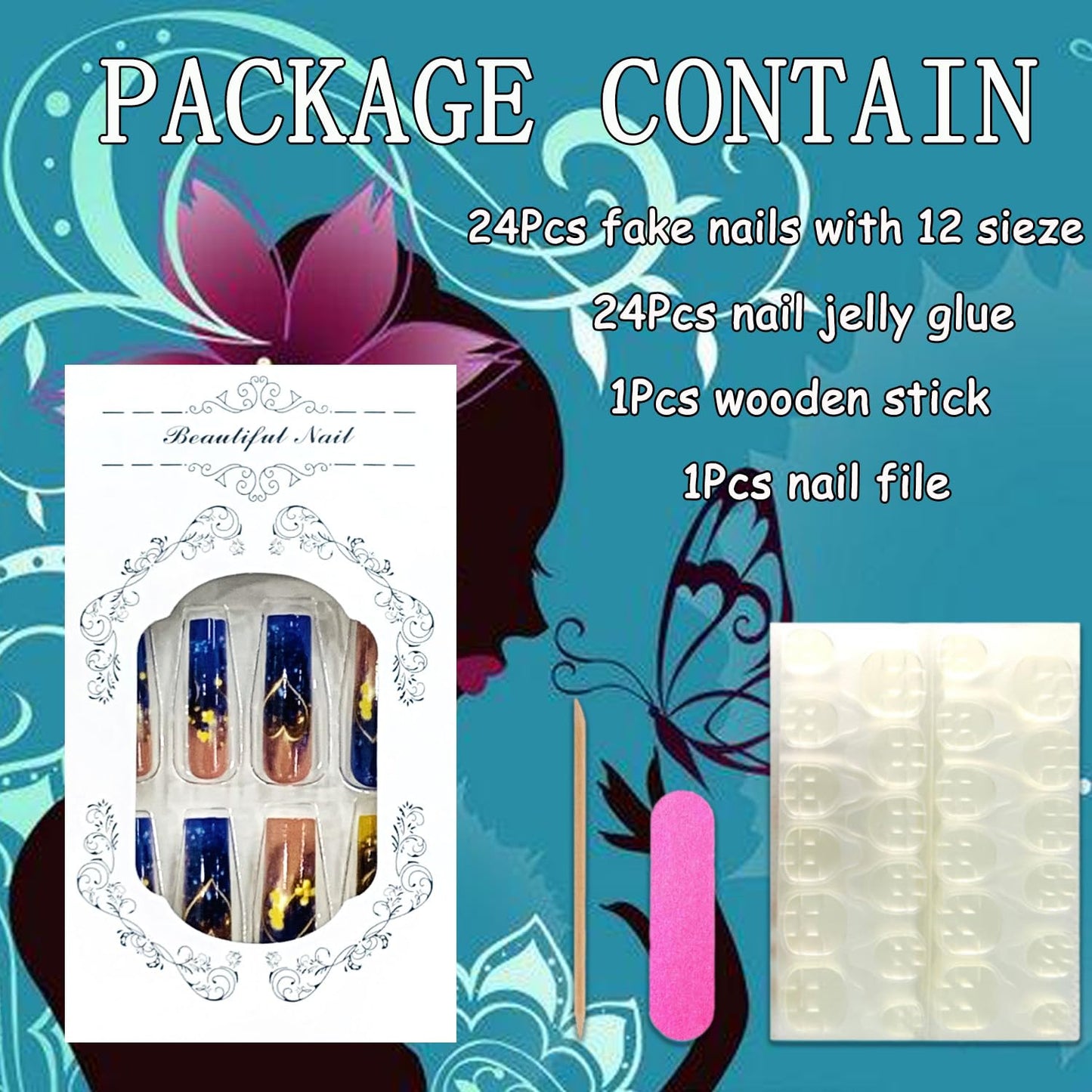 EYZOTSF Press on Nails Long Coffin Shaped Acrylic Square False Nails with Designs Artificial Extra Long Length Coffin Fake Nails with Charms Glue Stick ons Fingernails for Women Girls(Y485)
