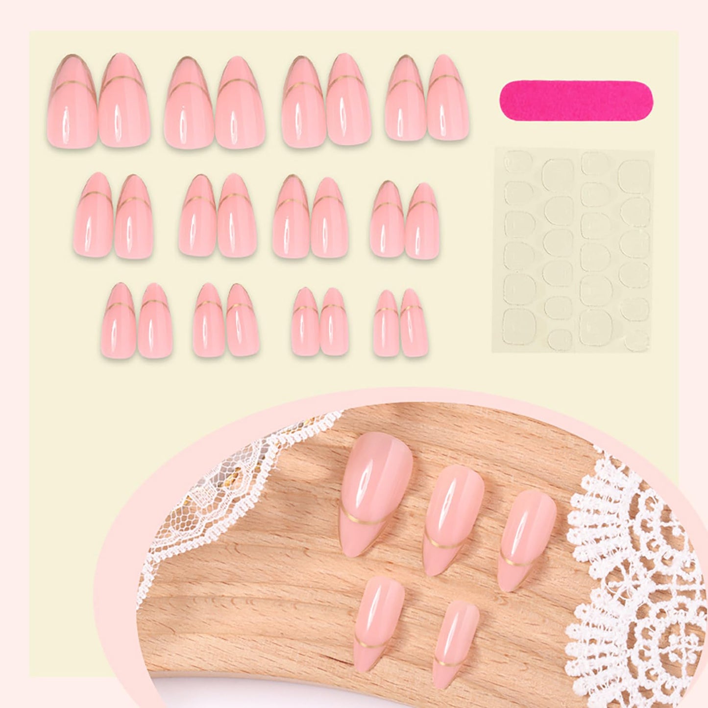 Medium Almond Press on Nails With Gold French Tip Oval Nude Pink Fake Nails Press ons Acrylic False Nails Full Cover Artificial Stick on Nails for Women Girls 24 Pcs