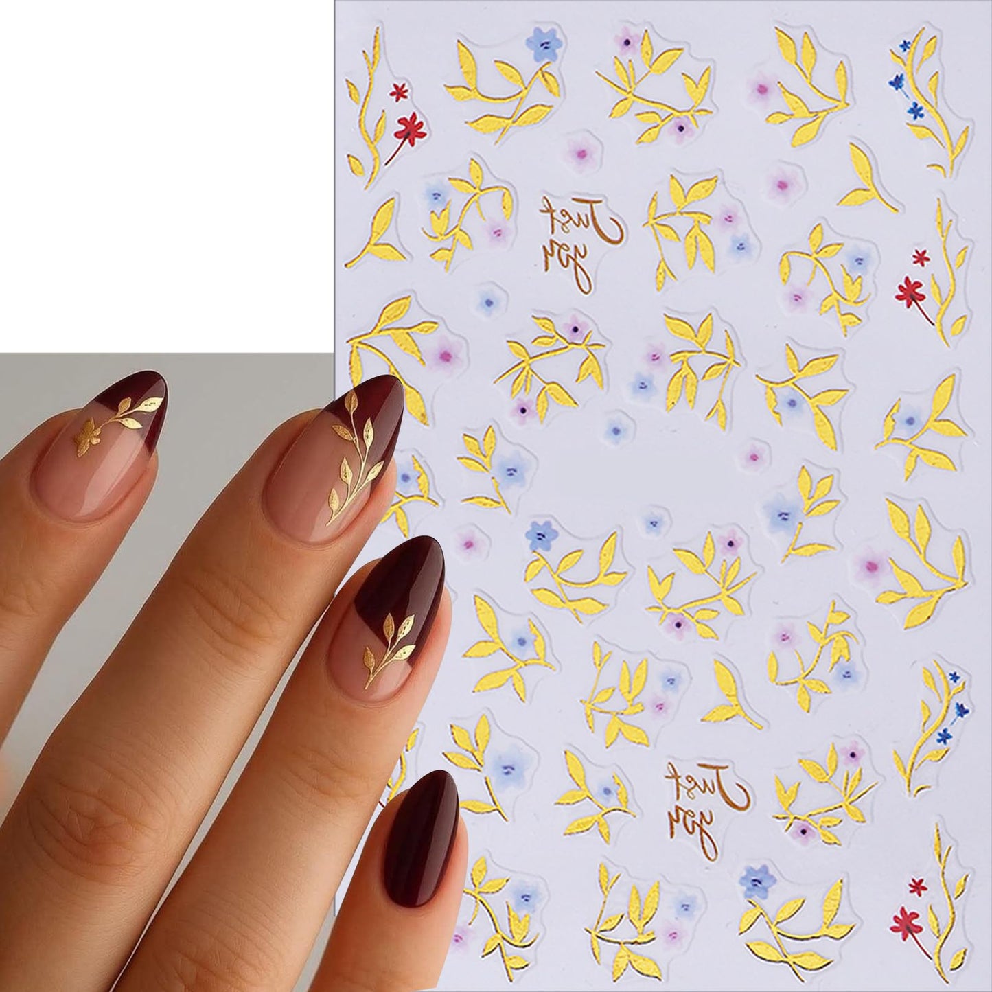 Spring Summer Japanese Floral Nail Art Stickers Golden Leaves Nail Art Supplies Pink Flowers Nail Art Accessories for Women Girls Manicure Decorations 6 Sheets